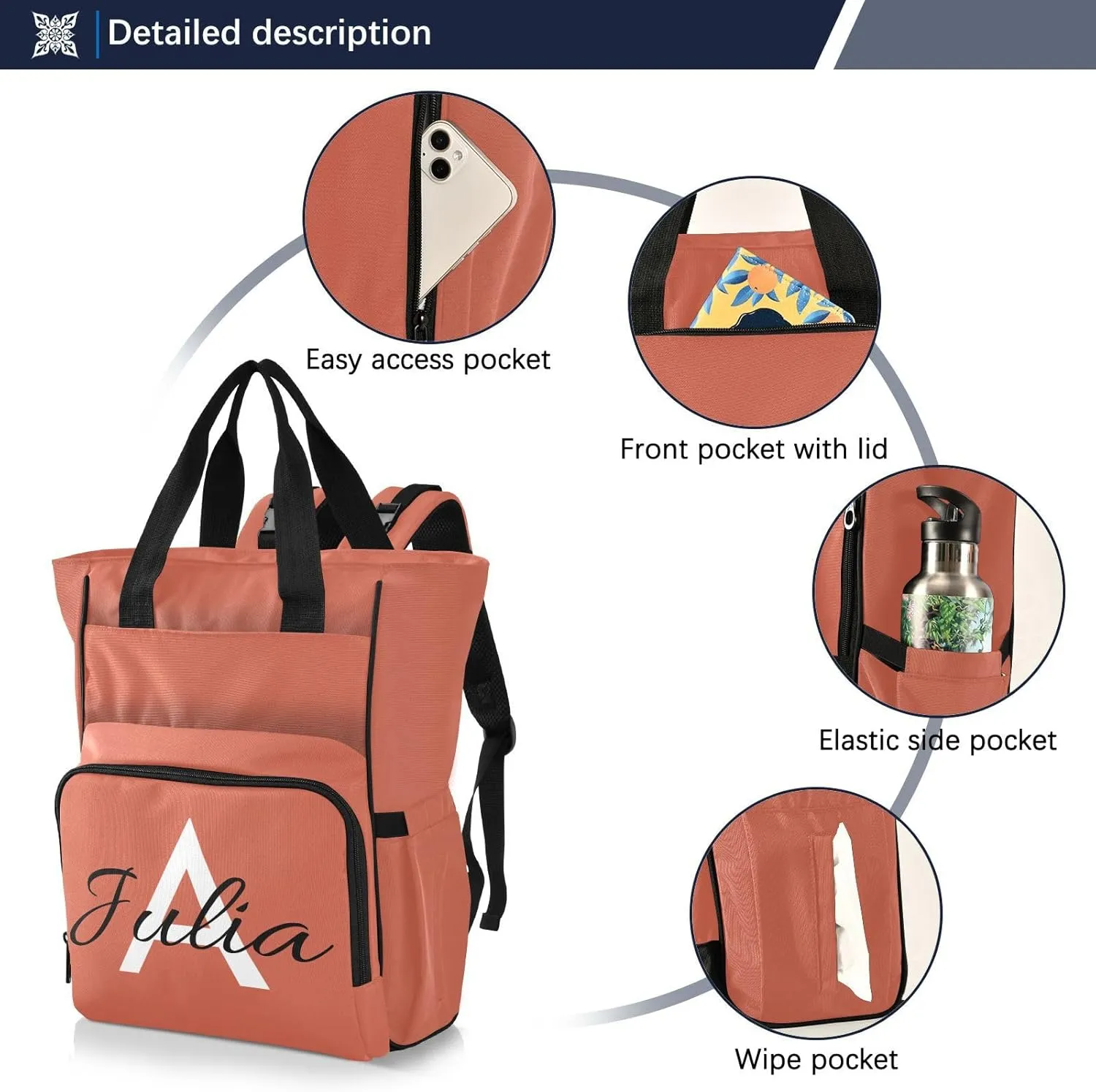 Custom Orange Diaper Bag Backpack for Men Women Large Capacity Baby Changing Totes with Three Pockets Multifunction Nappy Changing Bag for Picnicking Playing Shopping