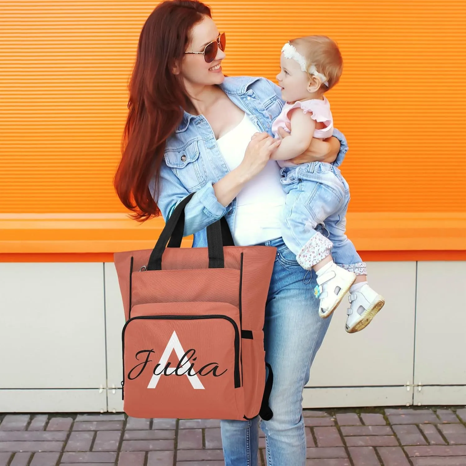 Custom Orange Diaper Bag Backpack for Men Women Large Capacity Baby Changing Totes with Three Pockets Multifunction Nappy Changing Bag for Picnicking Playing Shopping
