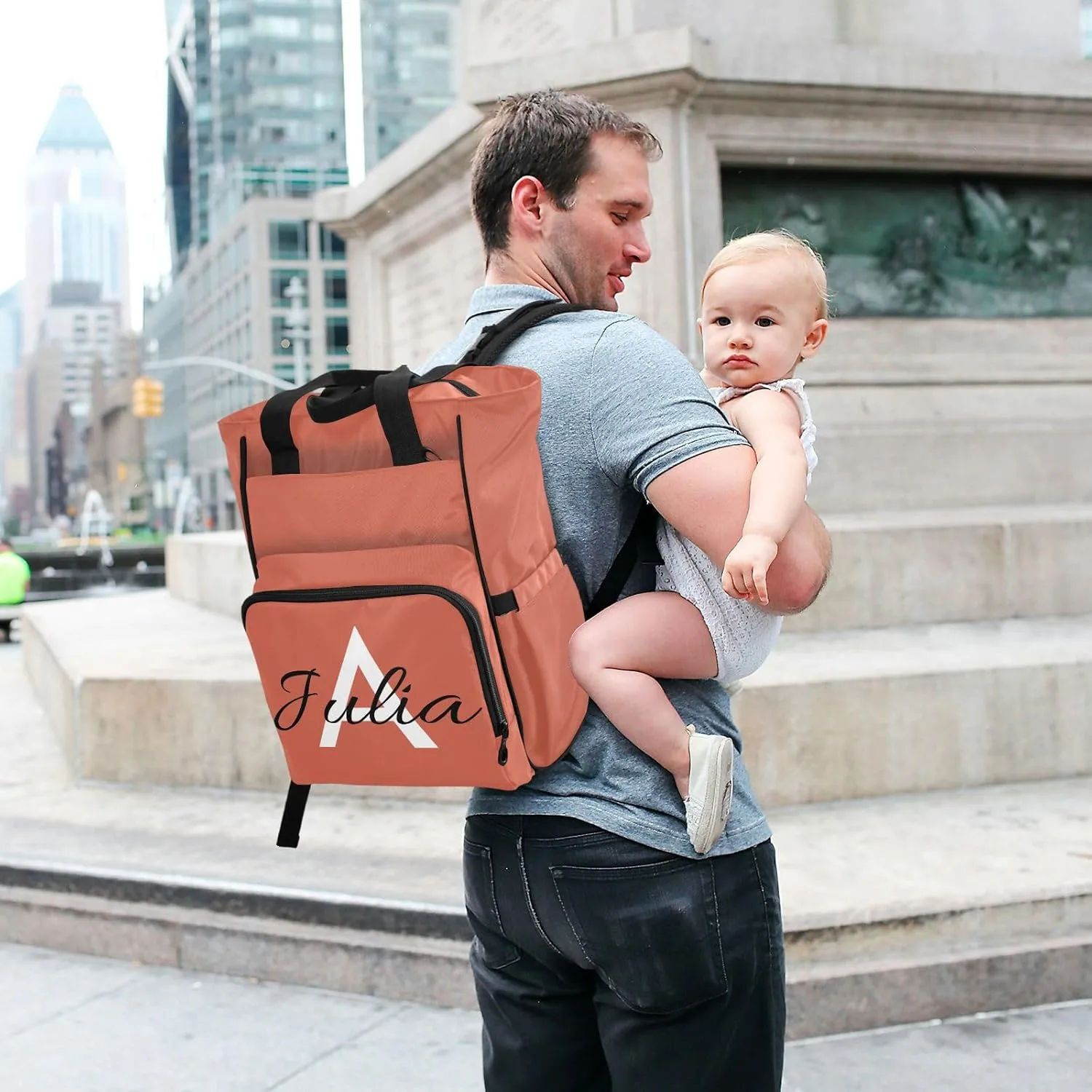 Custom Orange Diaper Bag Backpack for Men Women Large Capacity Baby Changing Totes with Three Pockets Multifunction Nappy Changing Bag for Picnicking Playing Shopping