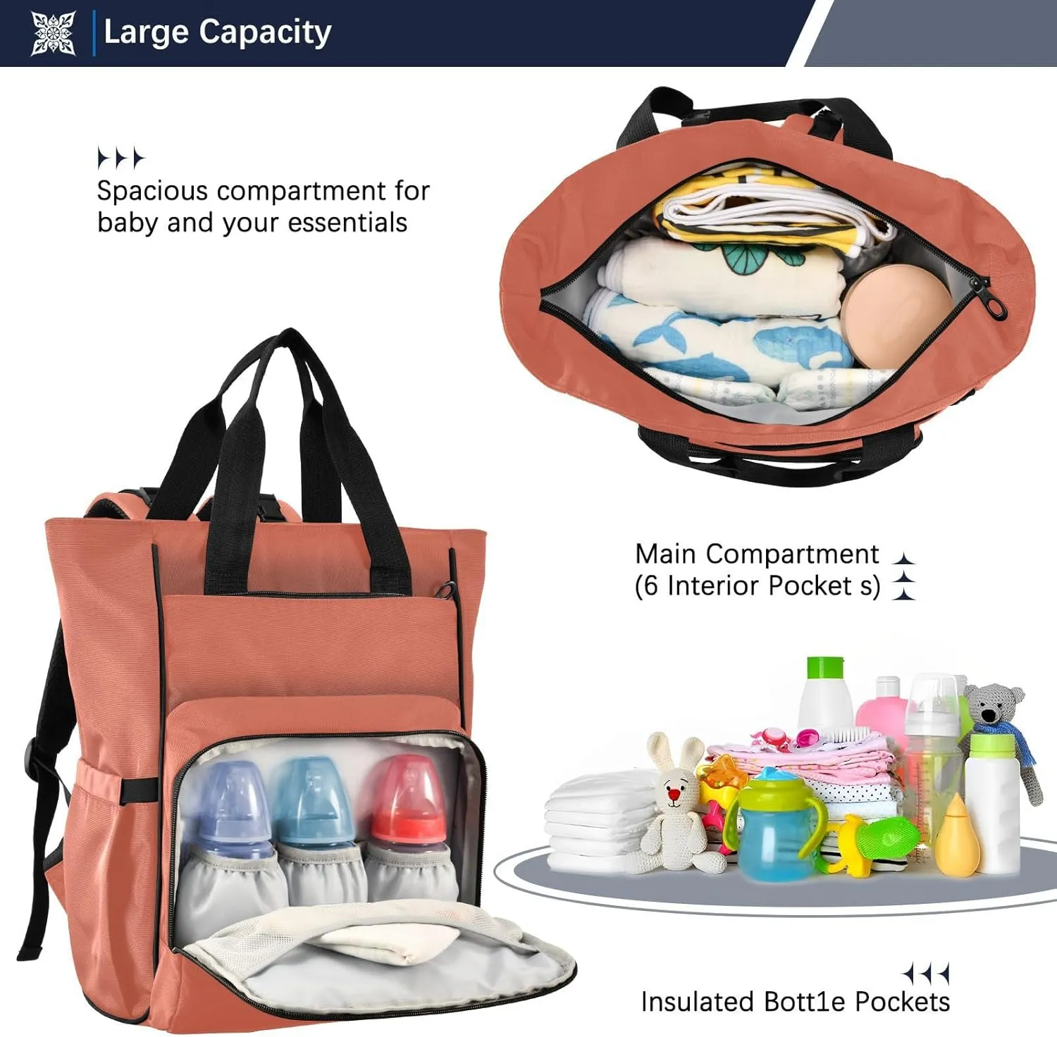 Custom Orange Diaper Bag Backpack for Men Women Large Capacity Baby Changing Totes with Three Pockets Multifunction Nappy Changing Bag for Picnicking Playing Shopping