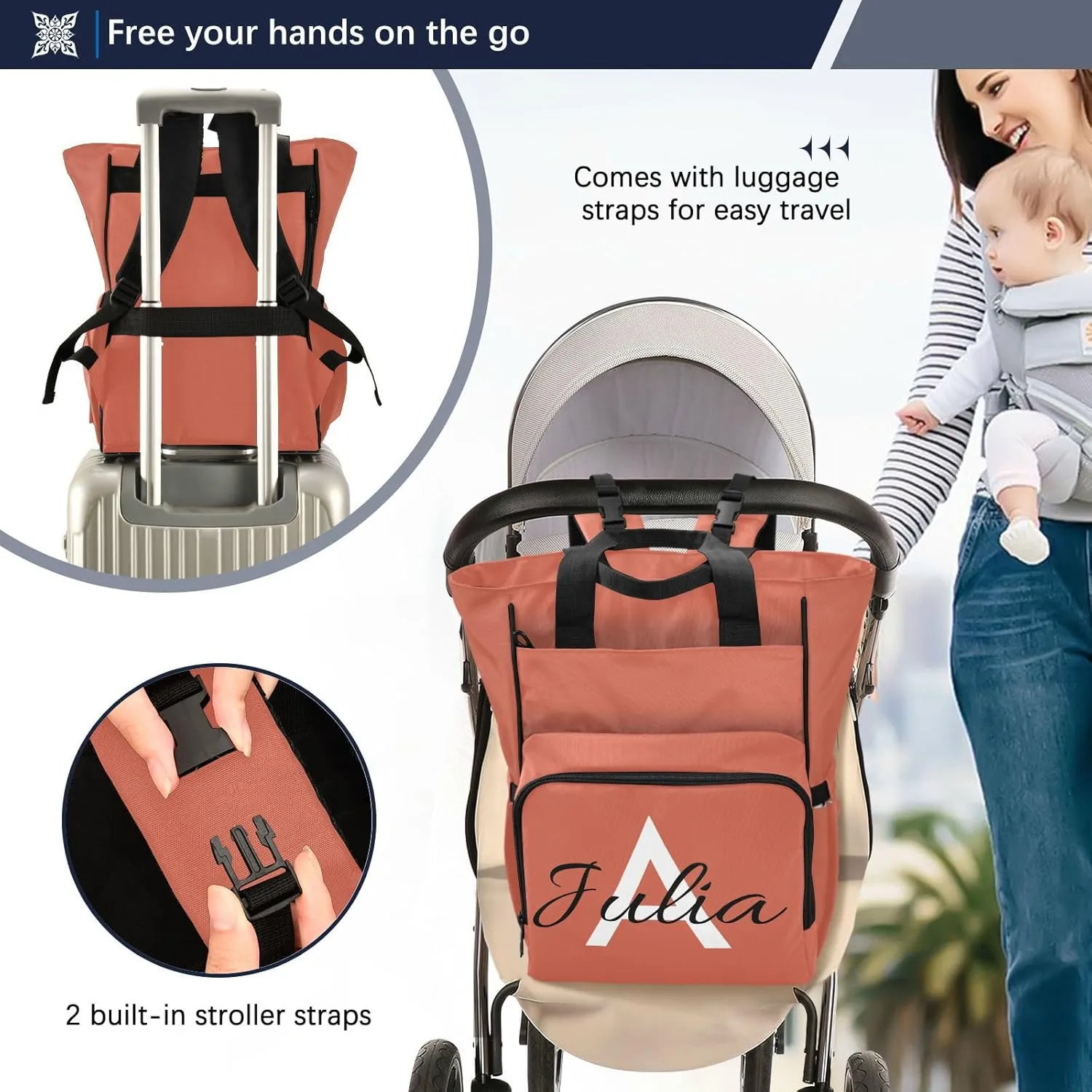 Custom Orange Diaper Bag Backpack for Men Women Large Capacity Baby Changing Totes with Three Pockets Multifunction Nappy Changing Bag for Picnicking Playing Shopping