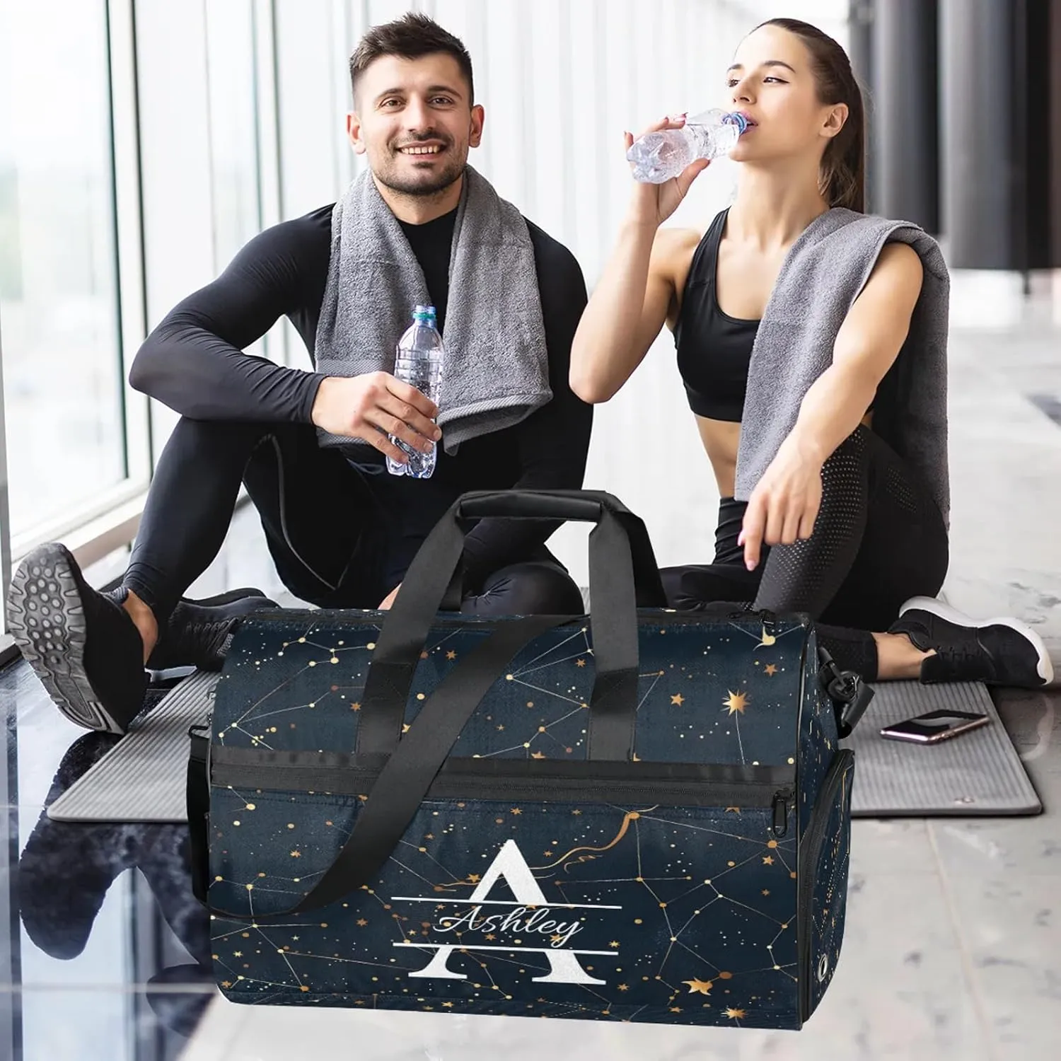 Custom Sports Duffel Bag with Shoe Compartment Personalized Name Dance Gym Bag for Women Overnight Weekender Travel Duffel Bags, Cosmos Sky Galaxy Universe