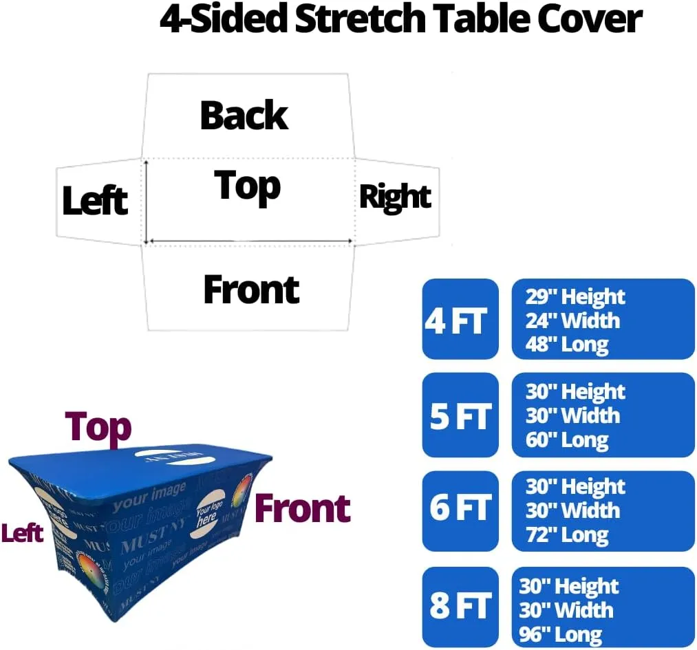 Customized Tablecloth 4FT 6 FT 8 FT Table Runner Personalized Tablecloth for Tradeshow Events Birthday Wedding Anniversary Tradeshow Mantel Personalizado (Rectangular Spandex 6 FT)