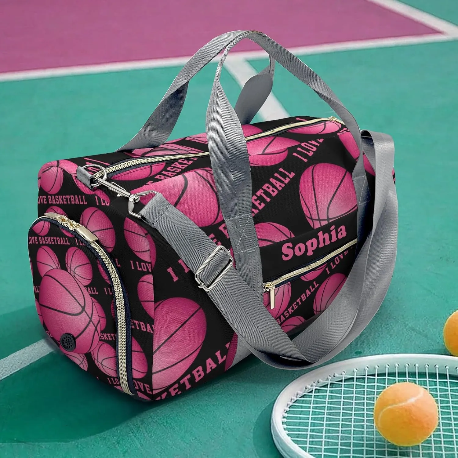 Custon Name I Love Basketball Sport Pink Duffel Bag Sport Player Travel Bag,Sport Gym Bag Personalized Gift Carry on Bag