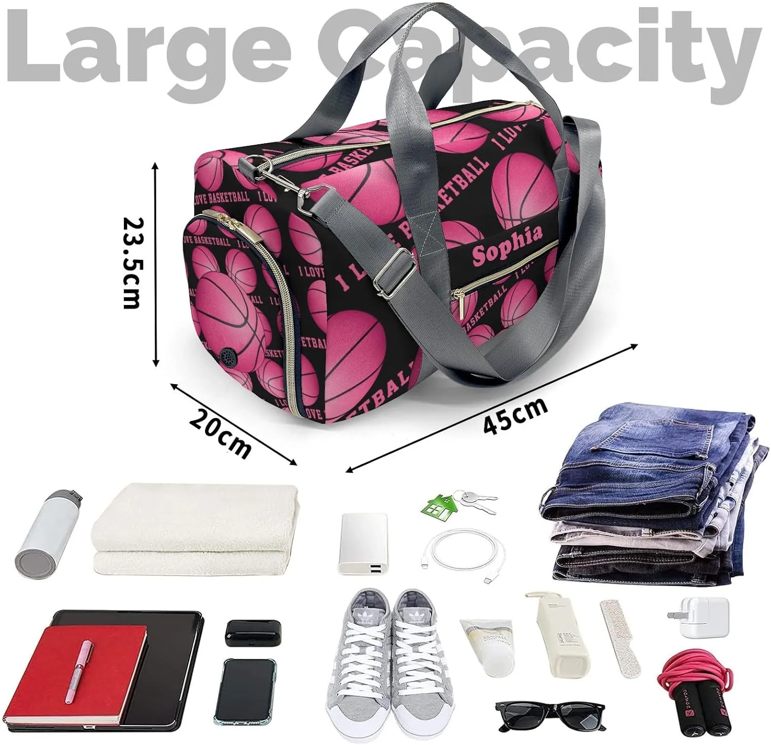Custon Name I Love Basketball Sport Pink Duffel Bag Sport Player Travel Bag,Sport Gym Bag Personalized Gift Carry on Bag