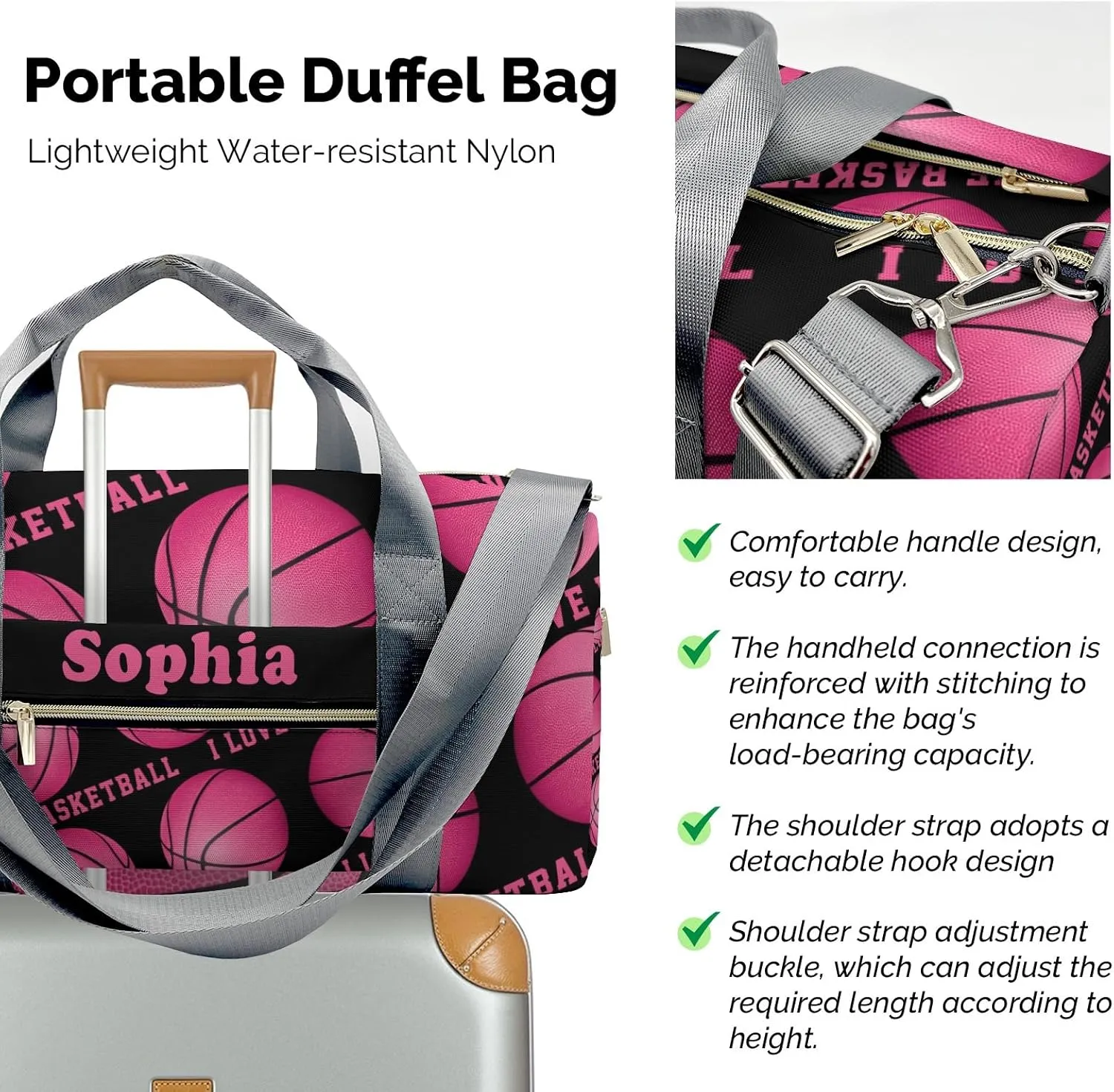 Custon Name I Love Basketball Sport Pink Duffel Bag Sport Player Travel Bag,Sport Gym Bag Personalized Gift Carry on Bag