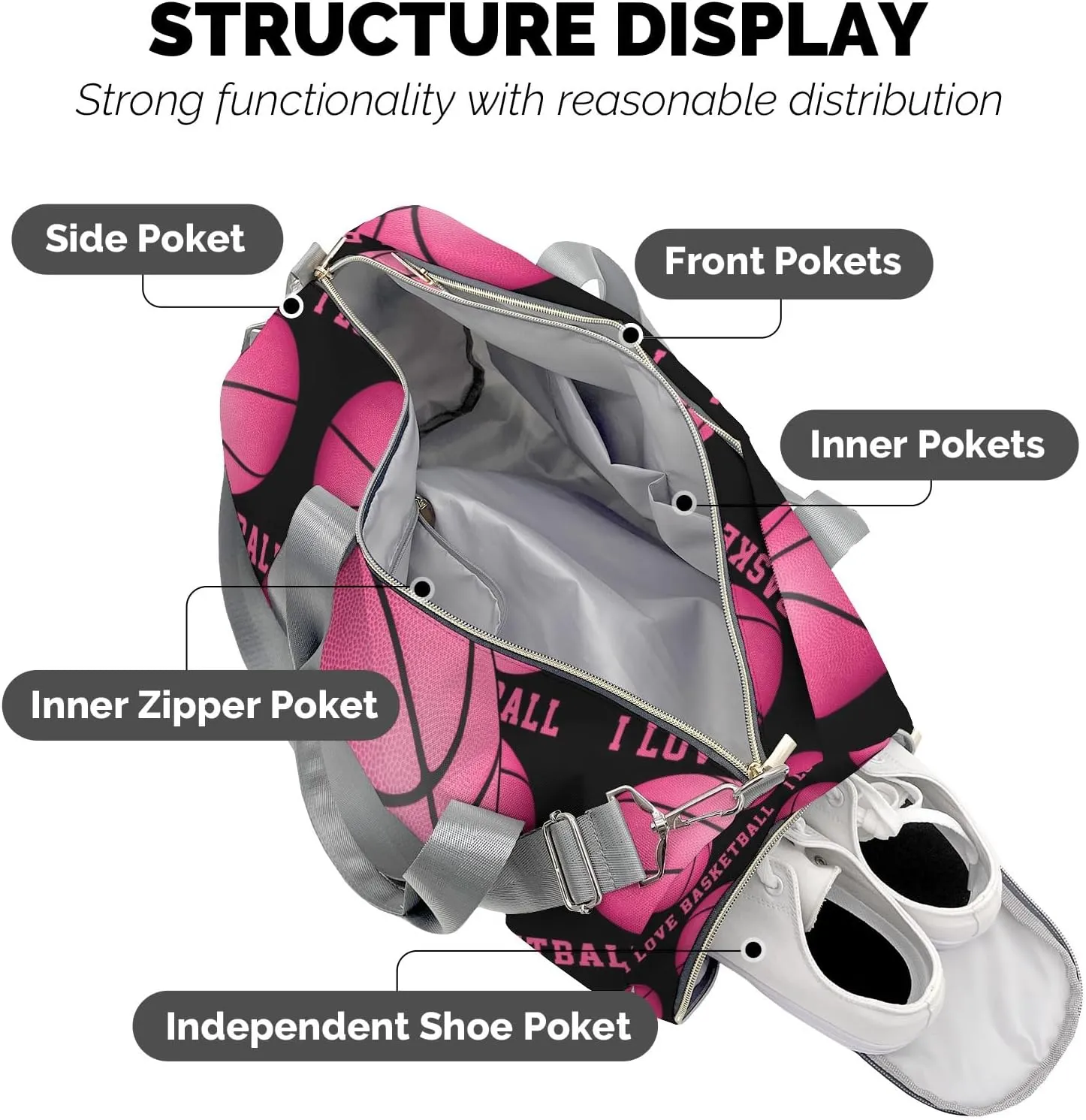 Custon Name I Love Basketball Sport Pink Duffel Bag Sport Player Travel Bag,Sport Gym Bag Personalized Gift Carry on Bag