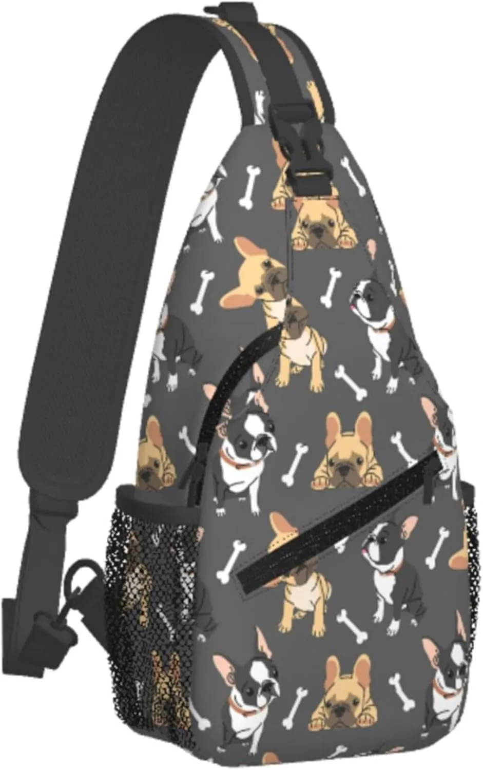 Cute Bulldog Puppy Bone Sling Backpack Crossbody Bag, Chest Bag Daypack Fanny Pack Cross Body Bag for Outdoors Hiking Traveling
