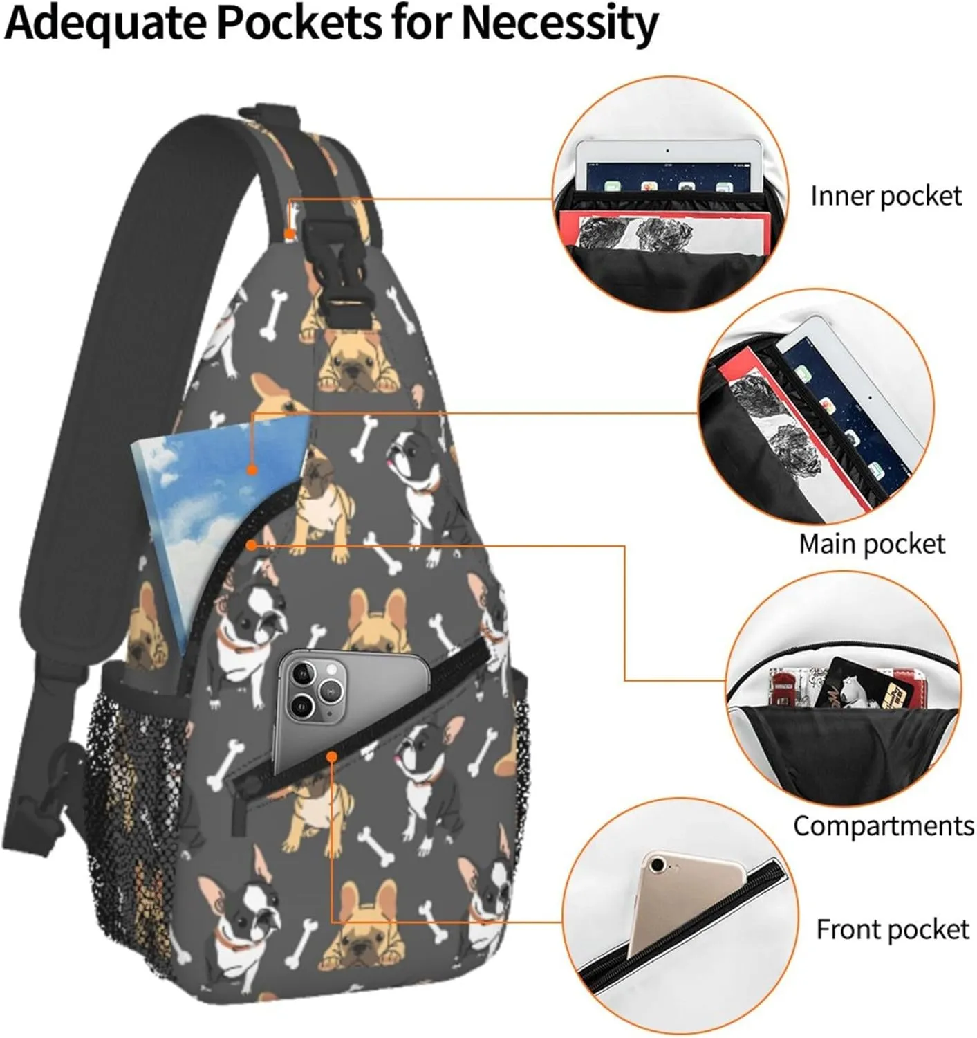 Cute Bulldog Puppy Bone Sling Backpack Crossbody Bag, Chest Bag Daypack Fanny Pack Cross Body Bag for Outdoors Hiking Traveling