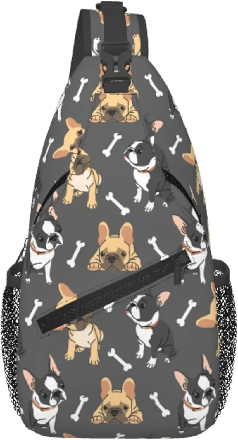 Cute Bulldog Puppy Bone Sling Backpack Crossbody Bag, Chest Bag Daypack Fanny Pack Cross Body Bag for Outdoors Hiking Traveling