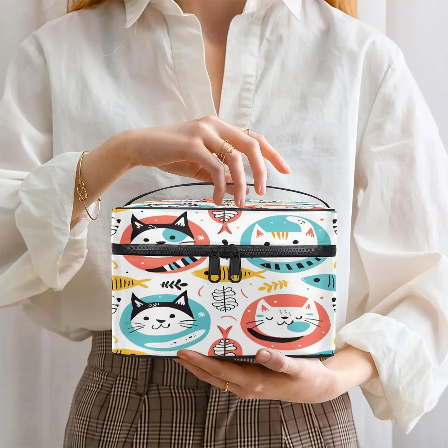 Cute Cartoon Cat Travel Toiletry Bag Large Capacity Makeup Case Organizer with Handle Cosmetic Case for Women Girls