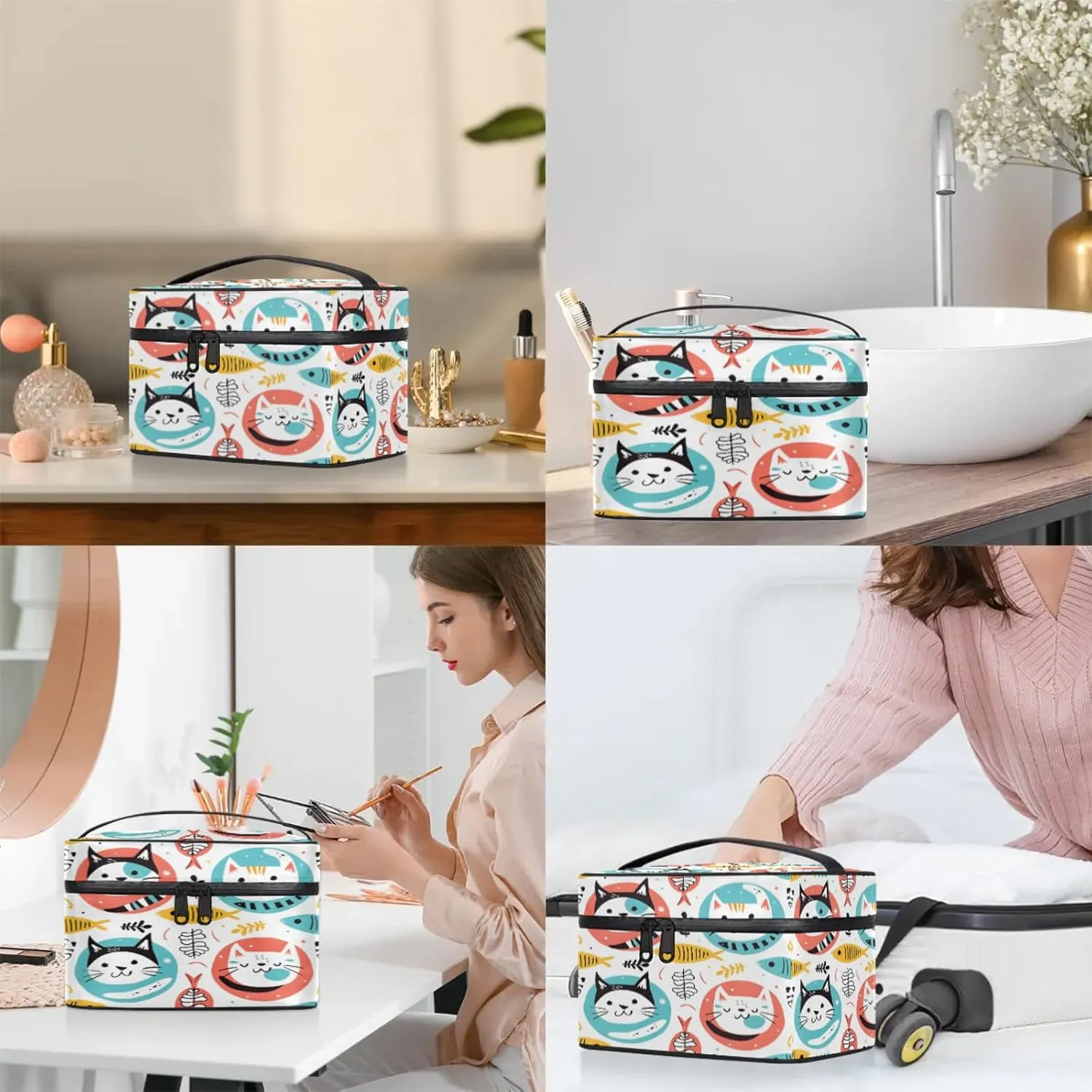 Cute Cartoon Cat Travel Toiletry Bag Large Capacity Makeup Case Organizer with Handle Cosmetic Case for Women Girls