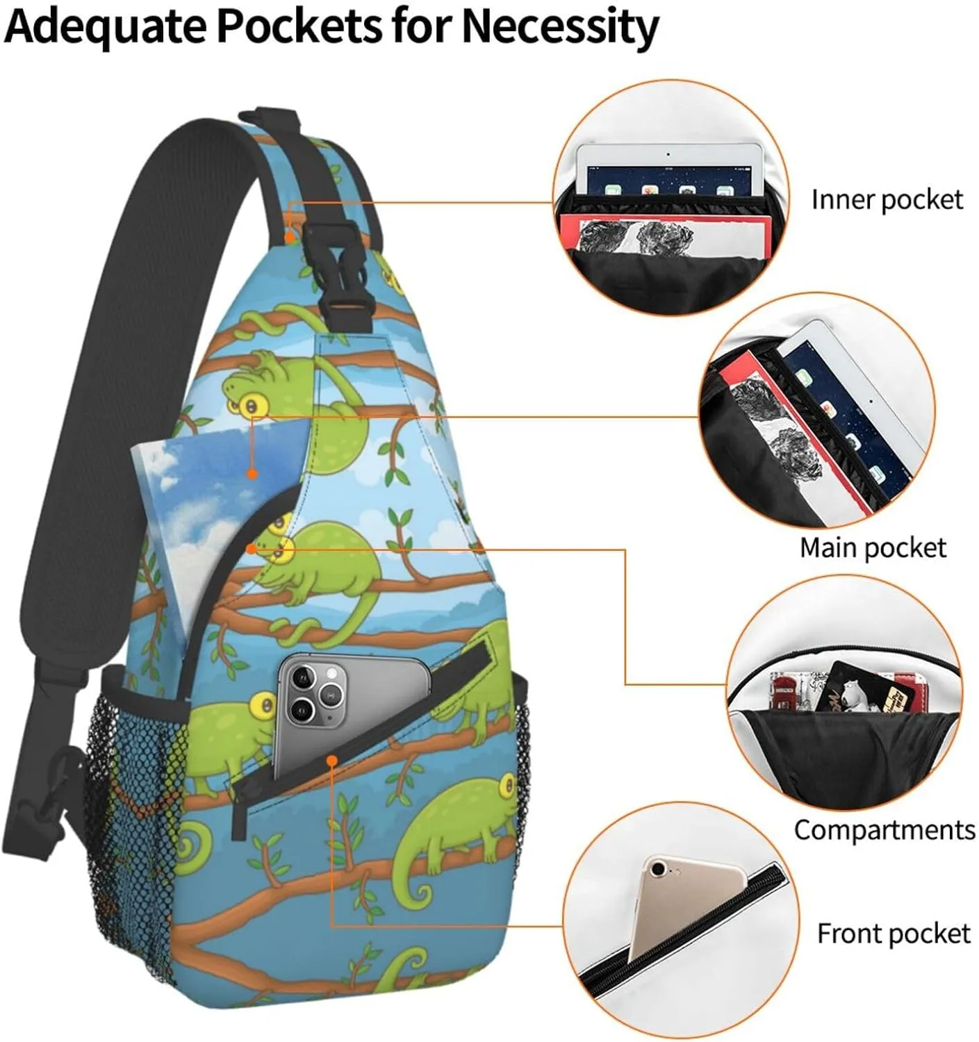 Cute Chameleon Crossbody Bag Lizard Shoulder Bag Backpack Cute Sling Bag Chest Casual Daypack for Outdoor