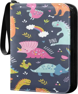 Cute Colorful Dinosaurs Pattern Card Binder, 4 Pockets Trading Card Binder Holder with 50 Sleeves Holder Album, Card Collection Binder Card Album Book for Football Basketball Baseball Games Sports Car