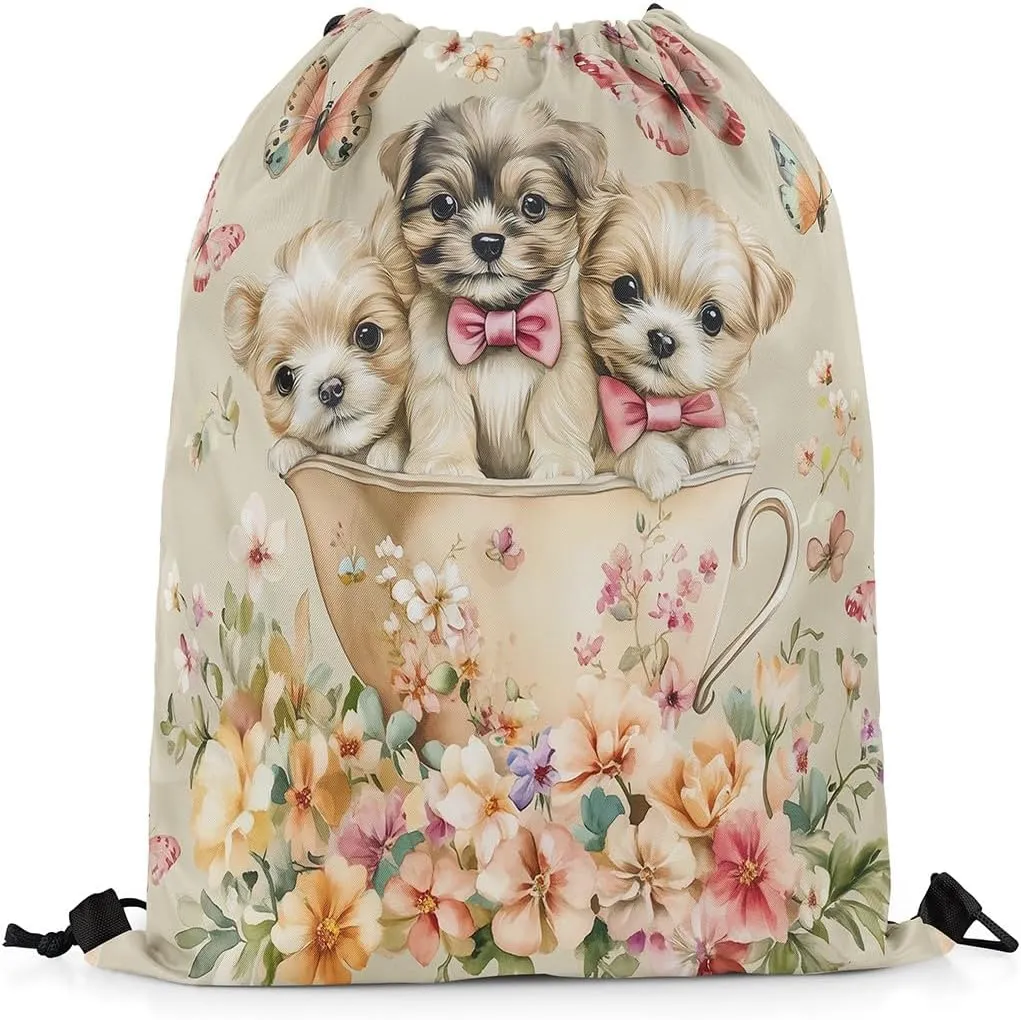 Cute Dog Drawstring Backpack,Kawaii Puppy Pet Animal Pink Bow-tie Drawstring Bag,Vintage Cup Garden Flowers Butterfly Brown Draw String Bag Gym Packs Large Capacity,Lightweight