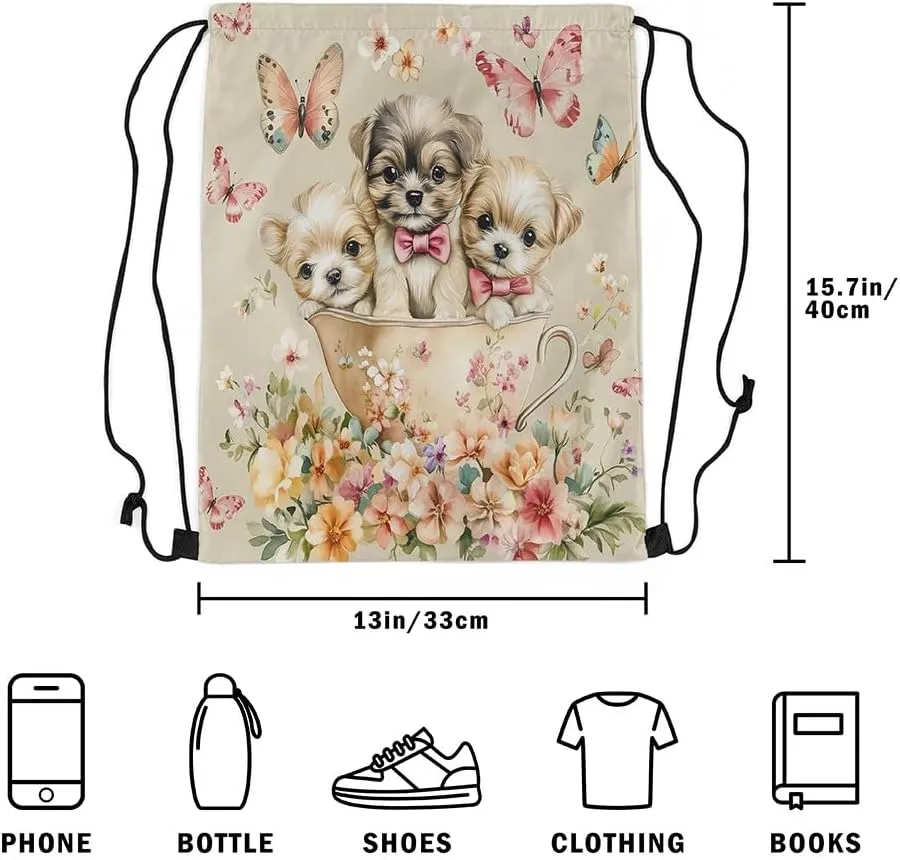 Cute Dog Drawstring Backpack,Kawaii Puppy Pet Animal Pink Bow-tie Drawstring Bag,Vintage Cup Garden Flowers Butterfly Brown Draw String Bag Gym Packs Large Capacity,Lightweight
