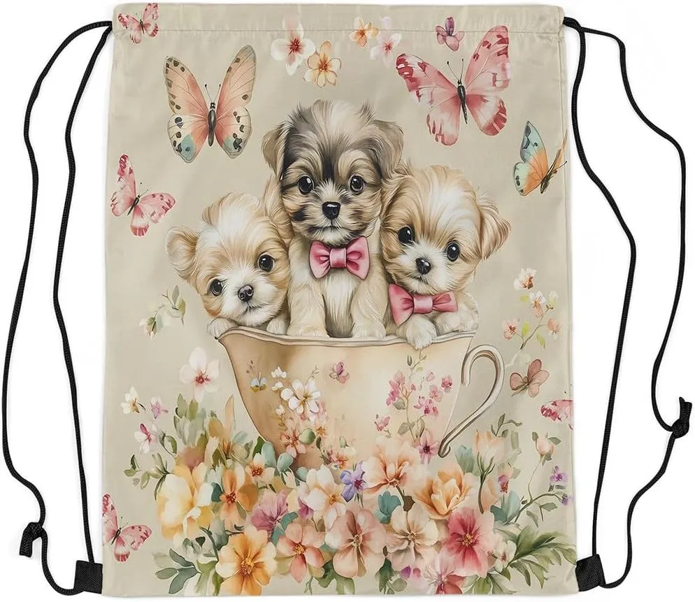 Cute Dog Drawstring Backpack,Kawaii Puppy Pet Animal Pink Bow-tie Drawstring Bag,Vintage Cup Garden Flowers Butterfly Brown Draw String Bag Gym Packs Large Capacity,Lightweight