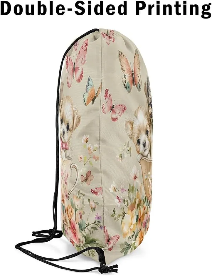 Cute Dog Drawstring Backpack,Kawaii Puppy Pet Animal Pink Bow-tie Drawstring Bag,Vintage Cup Garden Flowers Butterfly Brown Draw String Bag Gym Packs Large Capacity,Lightweight