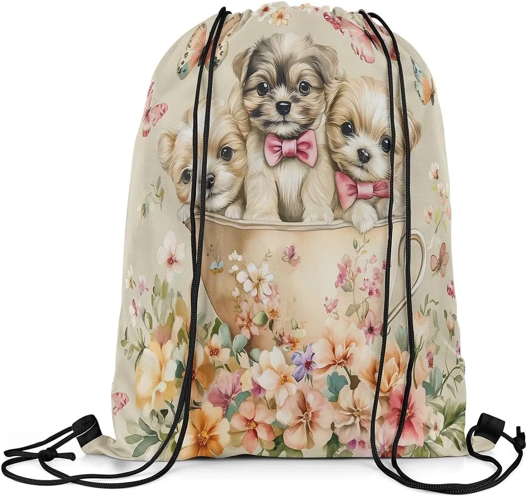 Cute Dog Drawstring Backpack,Kawaii Puppy Pet Animal Pink Bow-tie Drawstring Bag,Vintage Cup Garden Flowers Butterfly Brown Draw String Bag Gym Packs Large Capacity,Lightweight