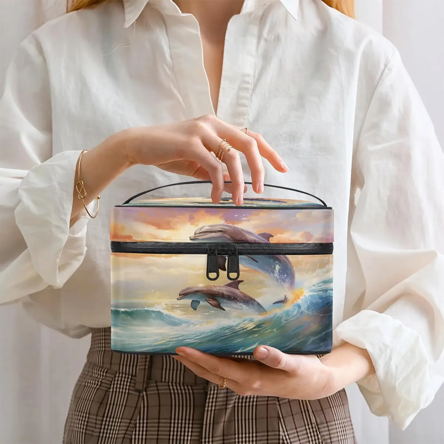 Cute Dolphin Travel Toiletry Bag Large Capacity Makeup Case Organizer with Handle Cosmetic Case for Women Girls