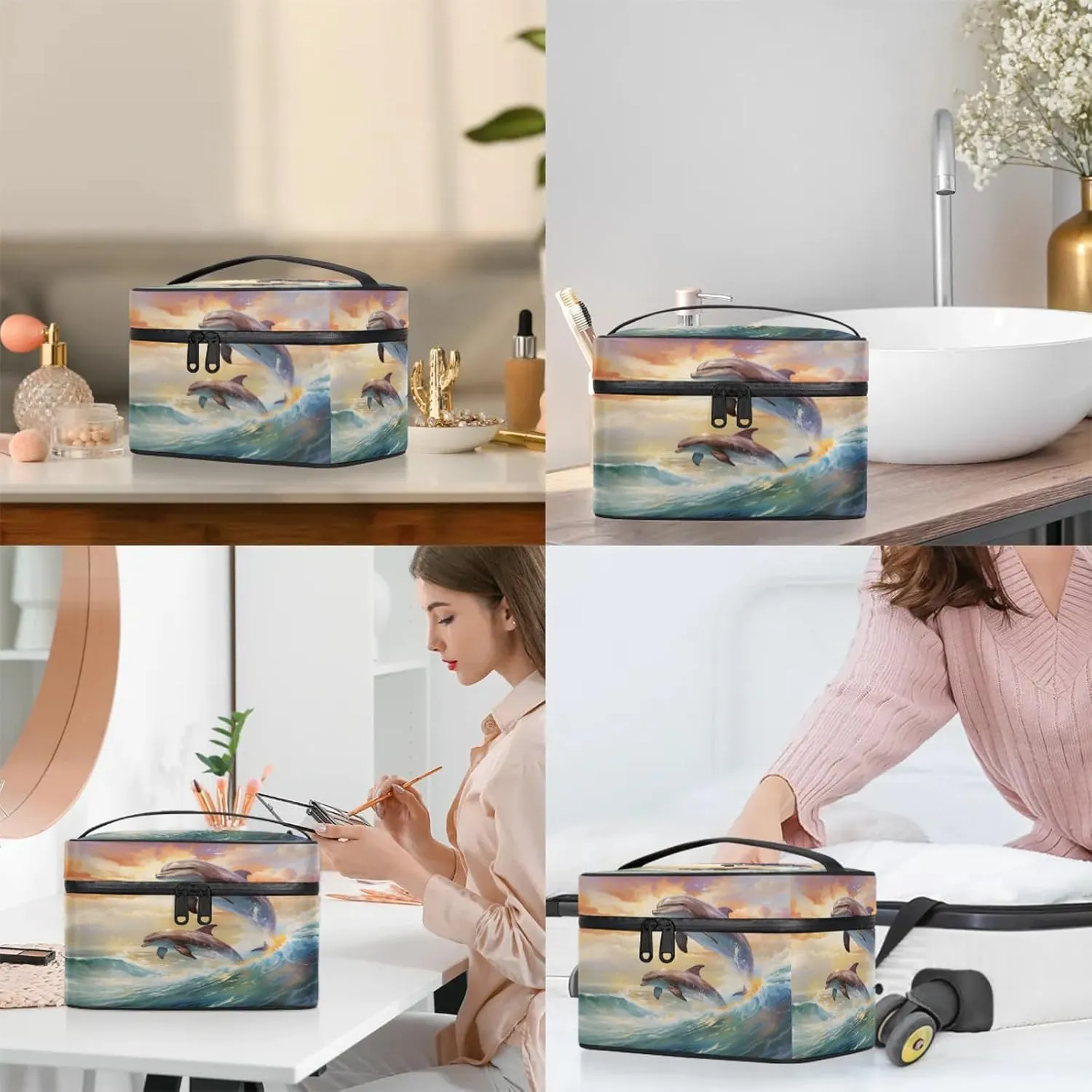 Cute Dolphin Travel Toiletry Bag Large Capacity Makeup Case Organizer with Handle Cosmetic Case for Women Girls