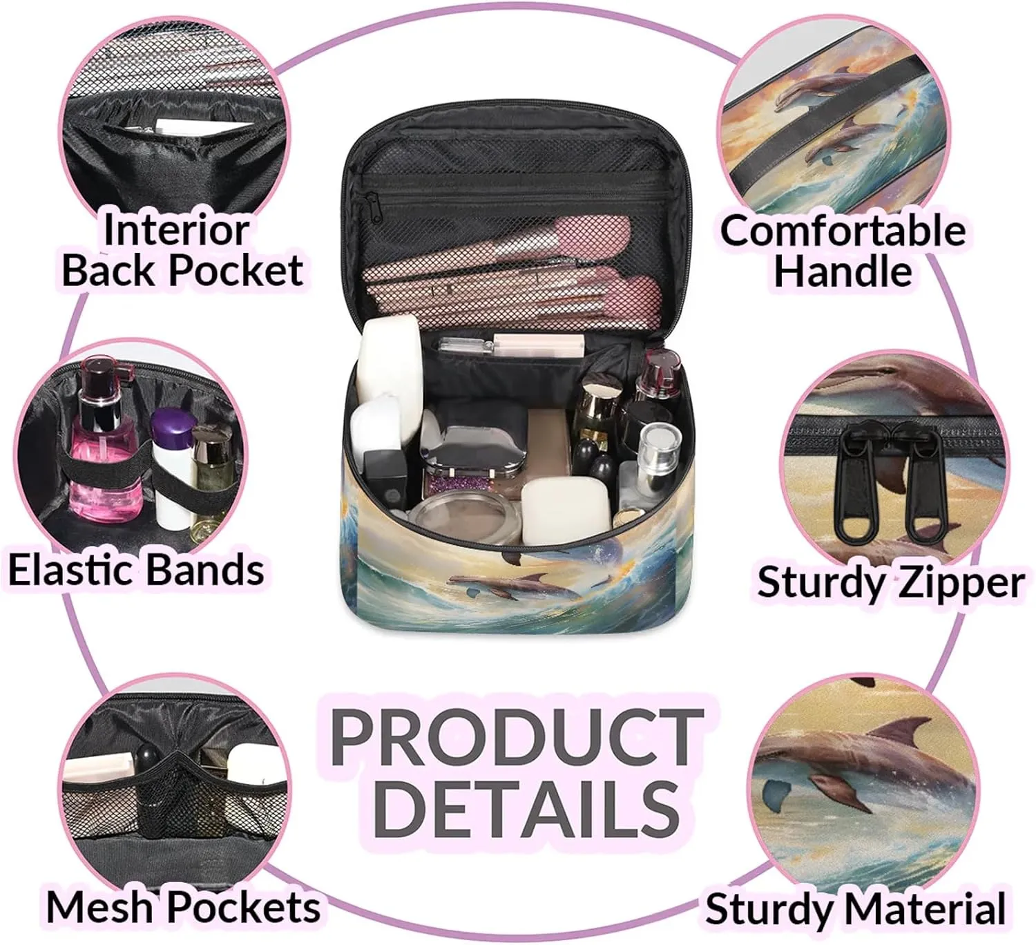 Cute Dolphin Travel Toiletry Bag Large Capacity Makeup Case Organizer with Handle Cosmetic Case for Women Girls