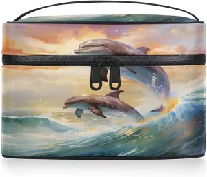 Cute Dolphin Travel Toiletry Bag Large Capacity Makeup Case Organizer with Handle Cosmetic Case for Women Girls