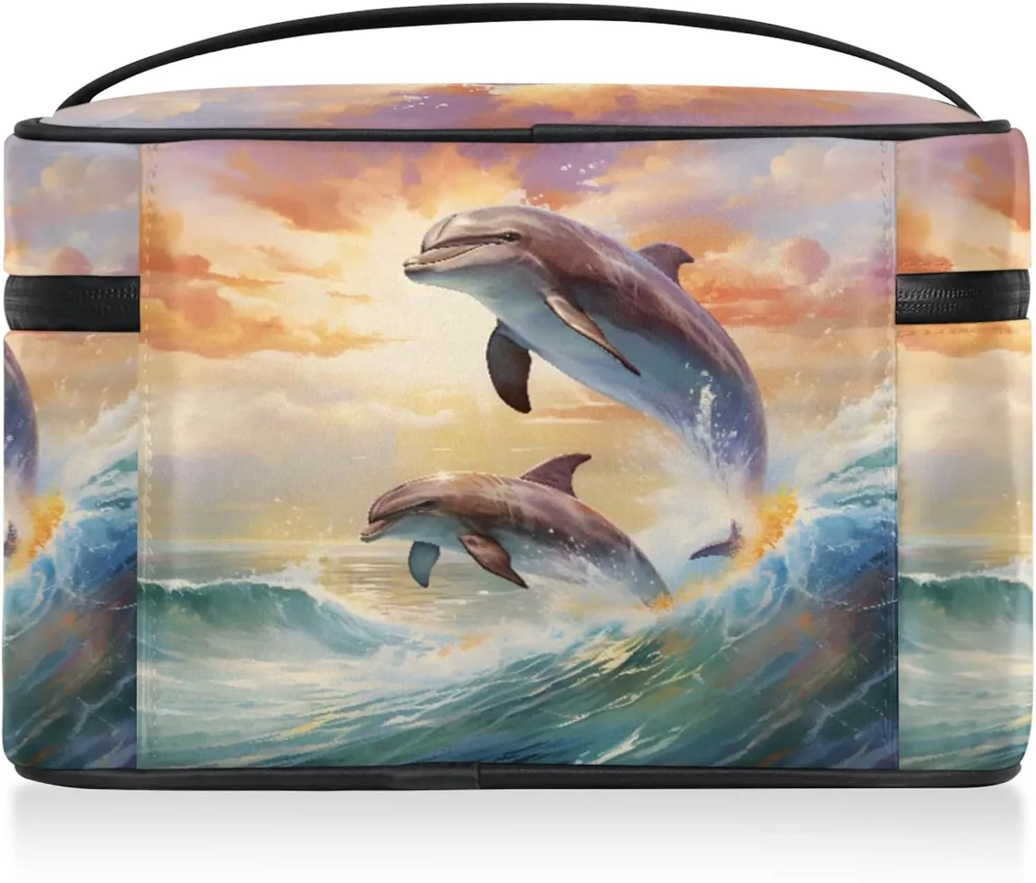 Cute Dolphin Travel Toiletry Bag Large Capacity Makeup Case Organizer with Handle Cosmetic Case for Women Girls