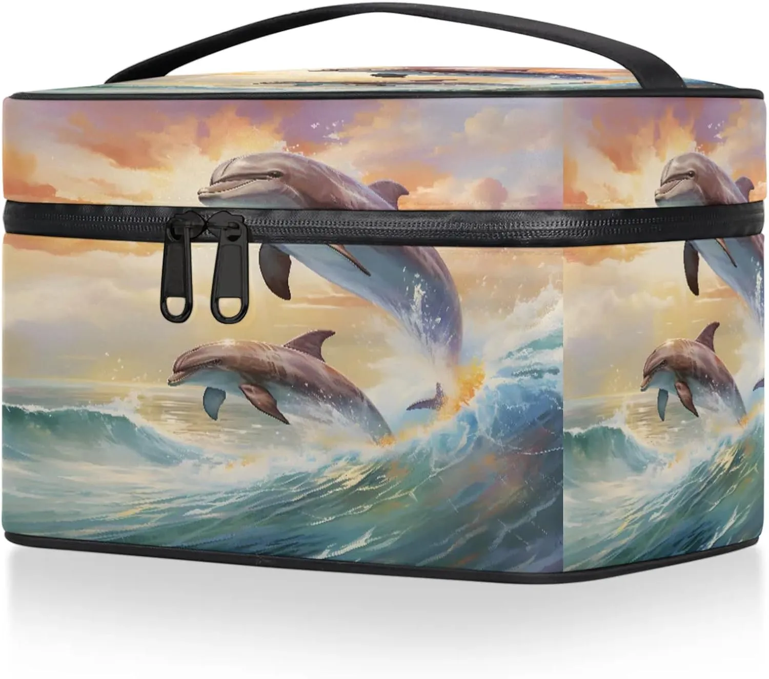 Cute Dolphin Travel Toiletry Bag Large Capacity Makeup Case Organizer with Handle Cosmetic Case for Women Girls