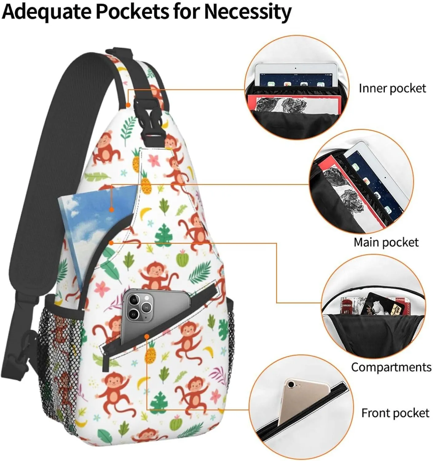 Cute Monkey Crossbody Bag Monkey Shoulder Bag Backpack Cute Sling Bag Chest Casual Daypack Animal Bag Outdoor