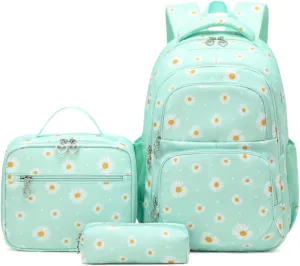 Daisy Kids Backpack for Girls, Multi Pocket School Bags with Lunch Box for Elementary, Teen Girls Bookbag Set