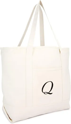 DALIX Monogram Bag Personalized Totes For Women Open Top Natural Letter A-Z