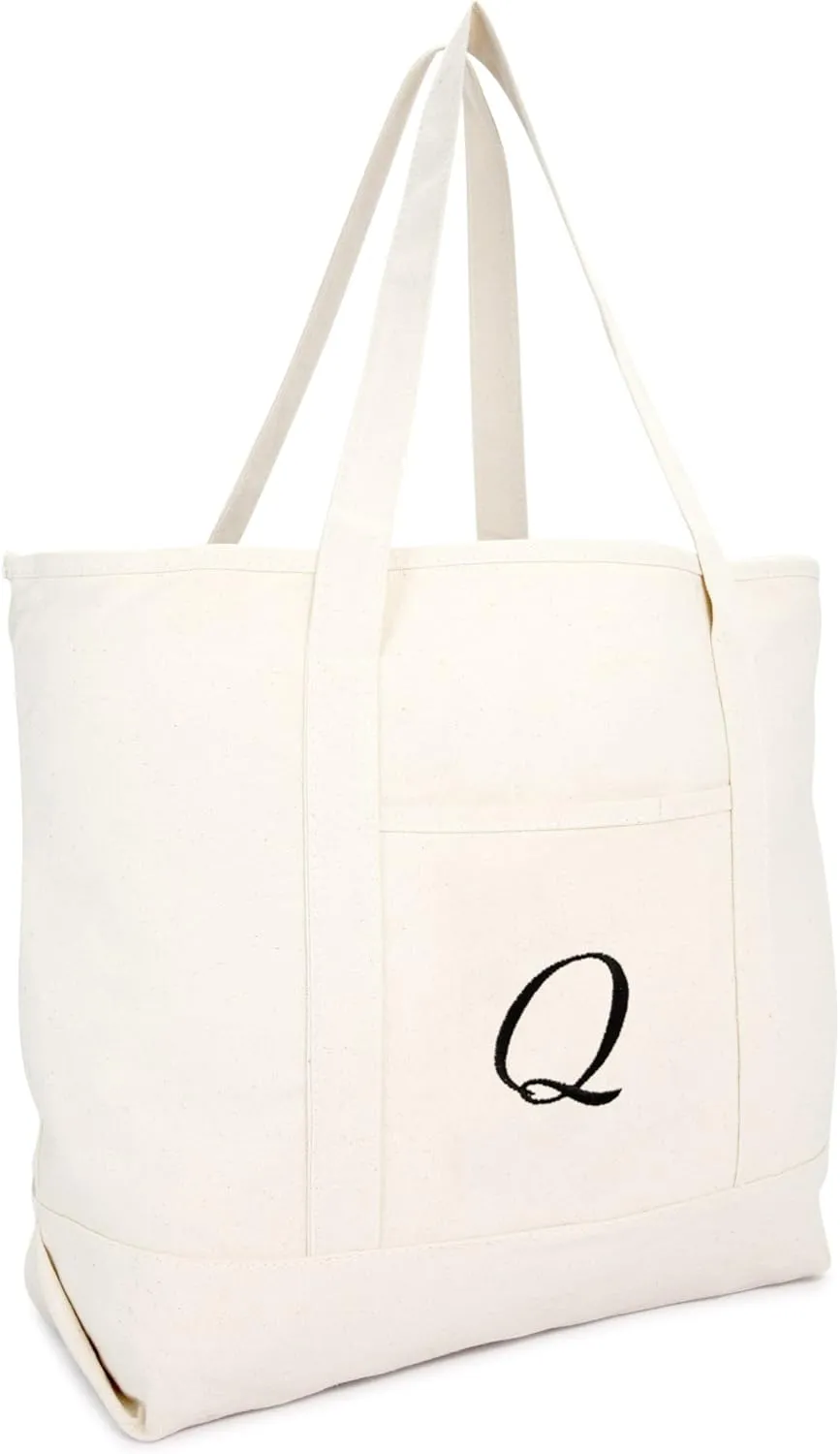DALIX Monogram Bag Personalized Totes For Women Open Top Natural Letter A-Z