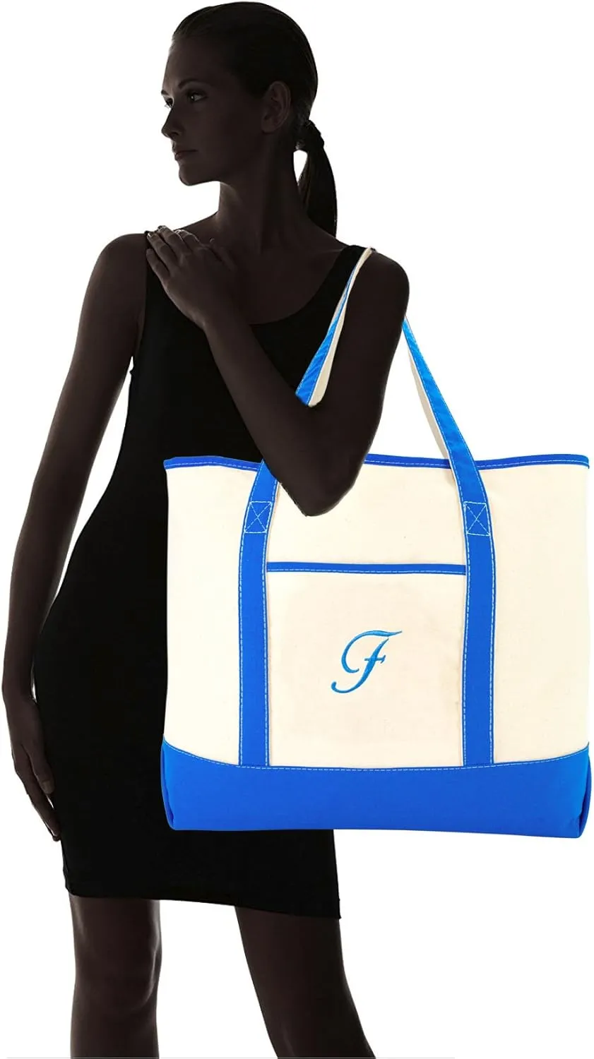 DALIX Women's Canvas Tote Bag Satchel Shoulder Bags Royal Blue Monogram A-Z