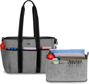Damero Teacher Tote with Felt Insert Bag, Large Work Bag with 15.6 inch Laptop Compartment, Teacher Utility Tote for Office, Business, Travel, Gray
