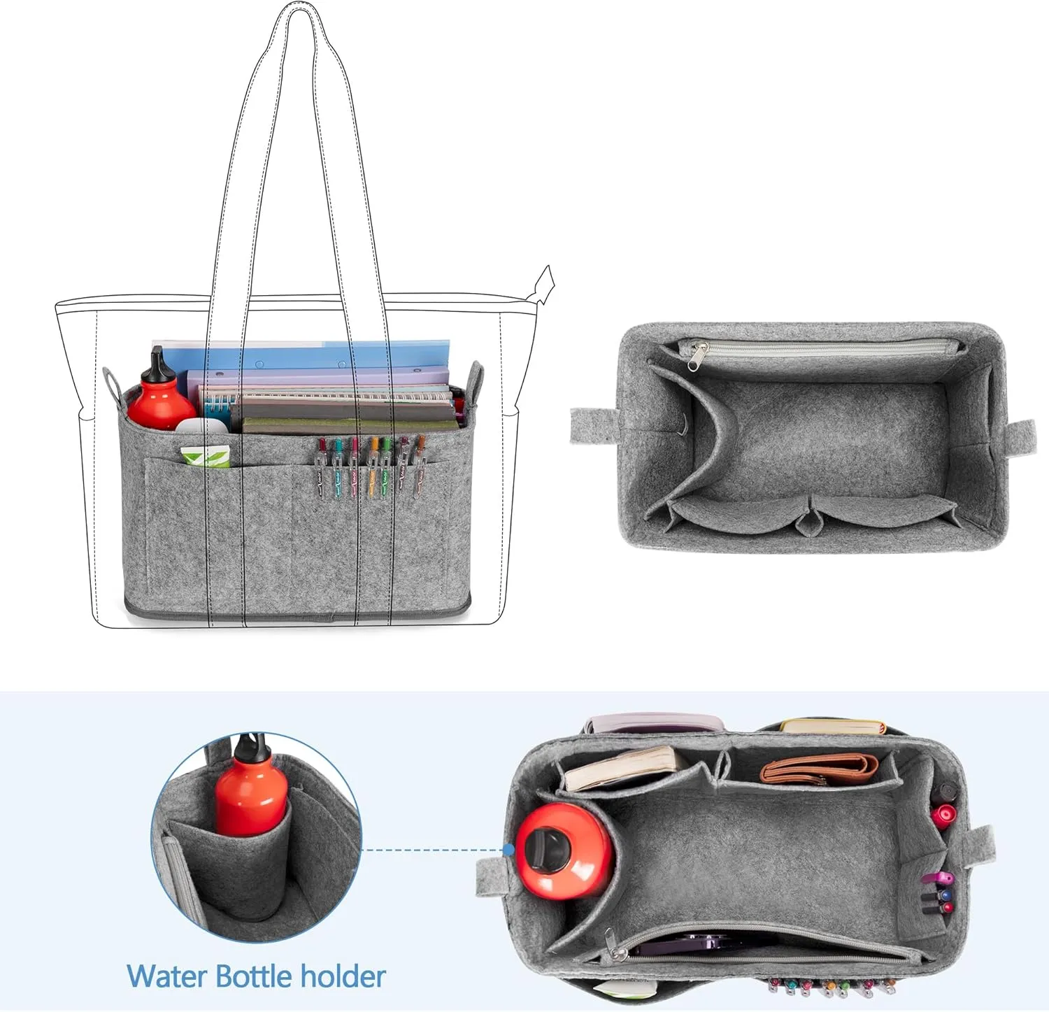 Damero Teacher Tote with Felt Insert Bag, Large Work Bag with 15.6 inch Laptop Compartment, Teacher Utility Tote for Office, Business, Travel, Gray