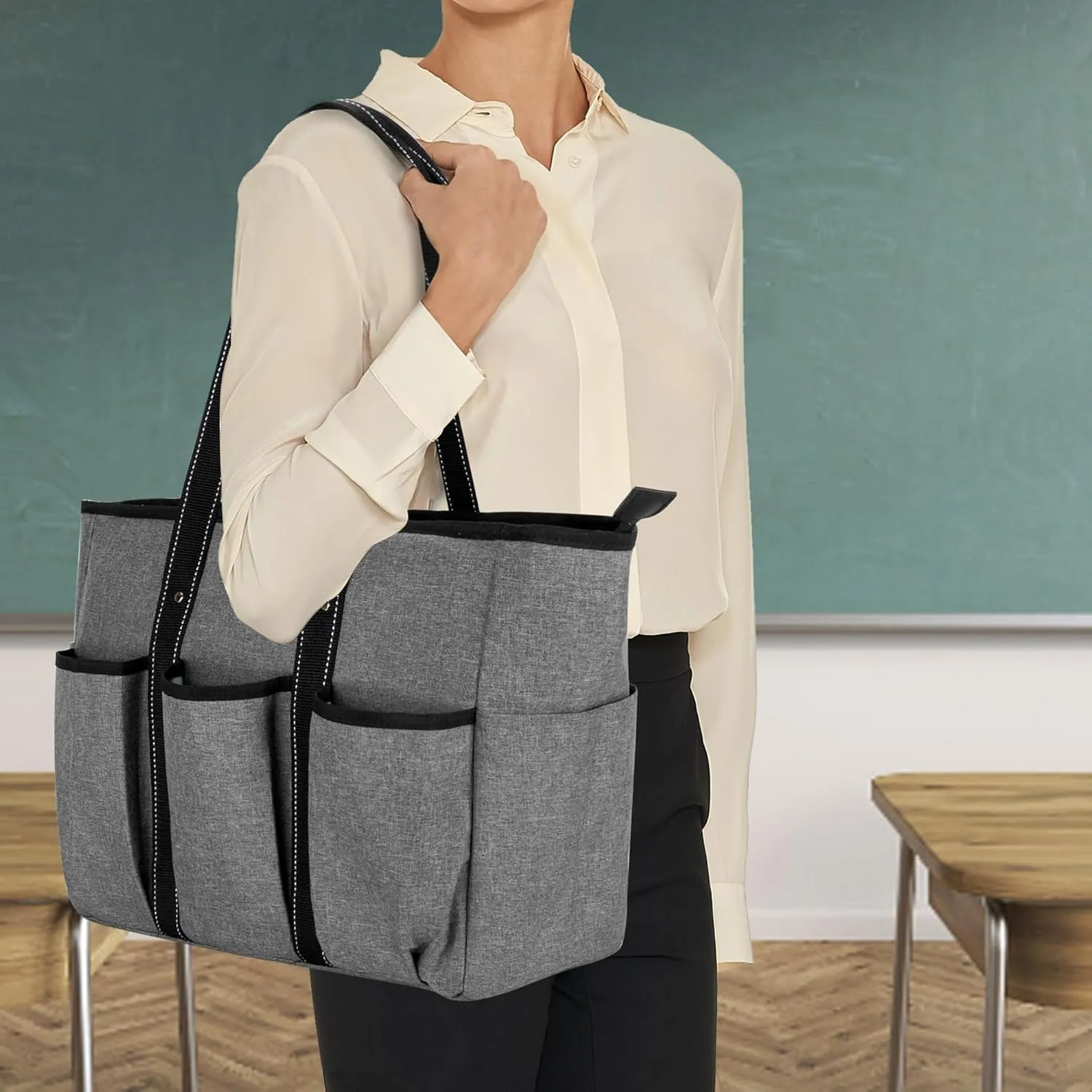 Damero Teacher Tote with Felt Insert Bag, Large Work Bag with 15.6 inch Laptop Compartment, Teacher Utility Tote for Office, Business, Travel, Gray