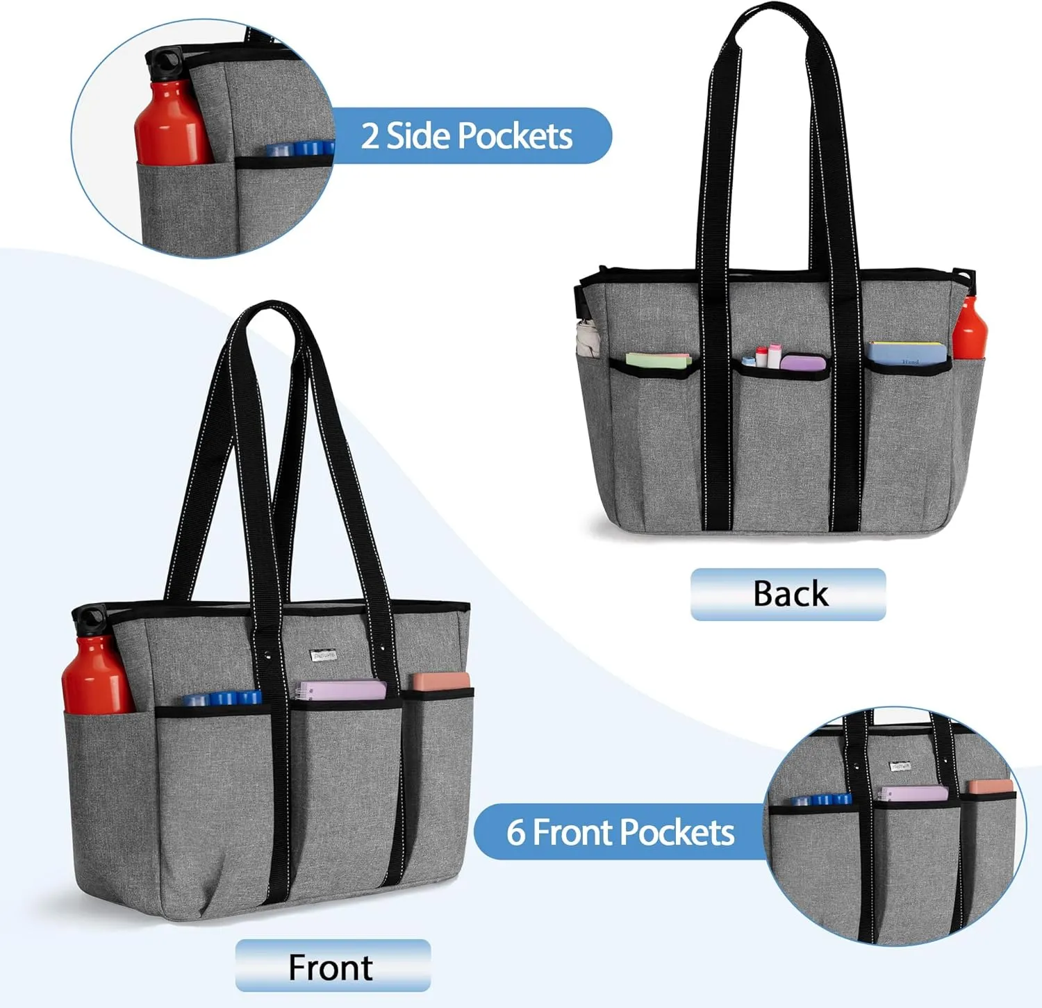 Damero Teacher Tote with Felt Insert Bag, Large Work Bag with 15.6 inch Laptop Compartment, Teacher Utility Tote for Office, Business, Travel, Gray