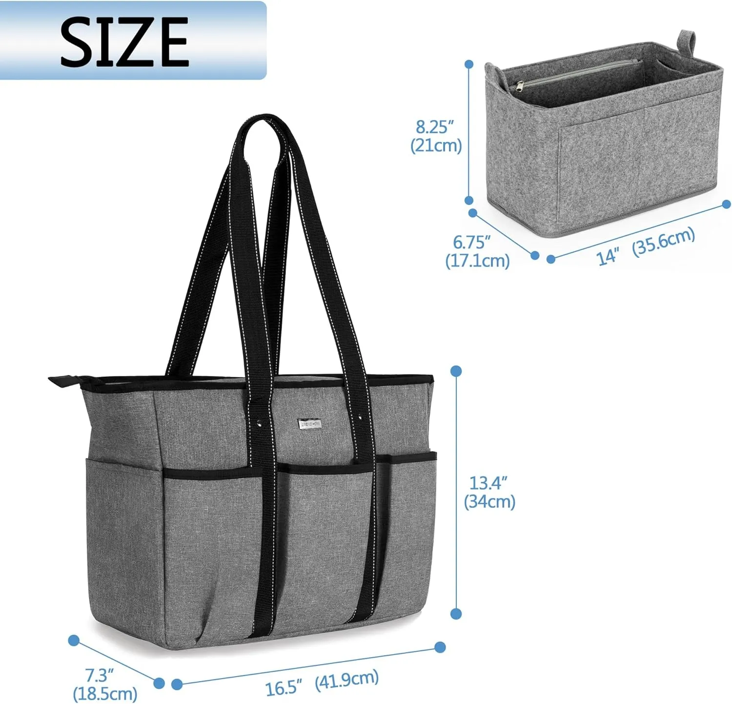 Damero Teacher Tote with Felt Insert Bag, Large Work Bag with 15.6 inch Laptop Compartment, Teacher Utility Tote for Office, Business, Travel, Gray
