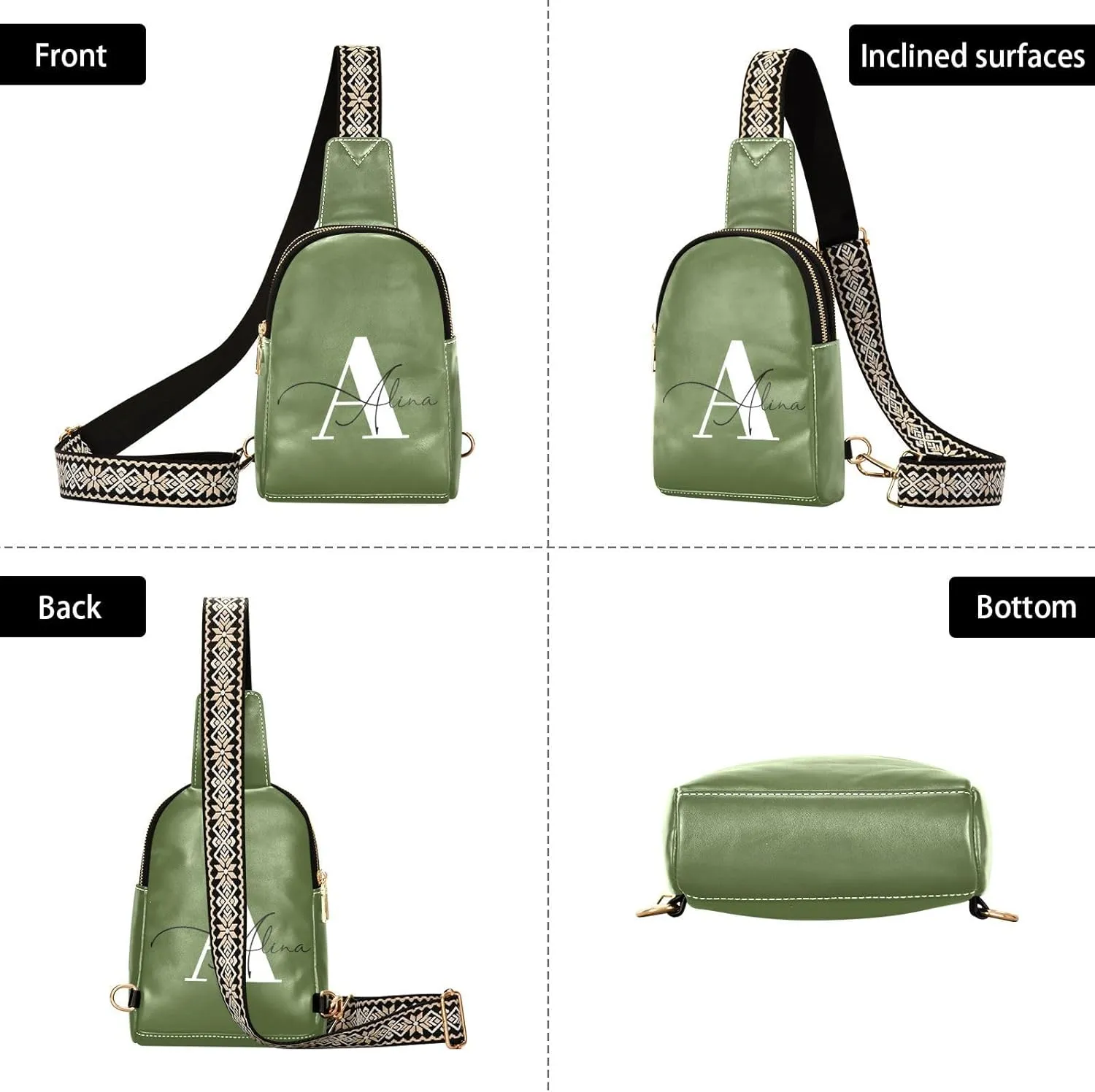 Dark Green Custom Crossbody Sling Bag for Women Men Personalized Leather Chest Bags Purse Adjustable Cross Body Daypack for Teen Boys Girls
