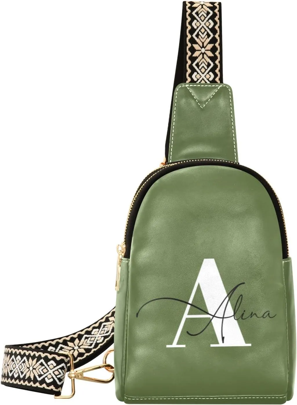 Dark Green Custom Crossbody Sling Bag for Women Men Personalized Leather Chest Bags Purse Adjustable Cross Body Daypack for Teen Boys Girls