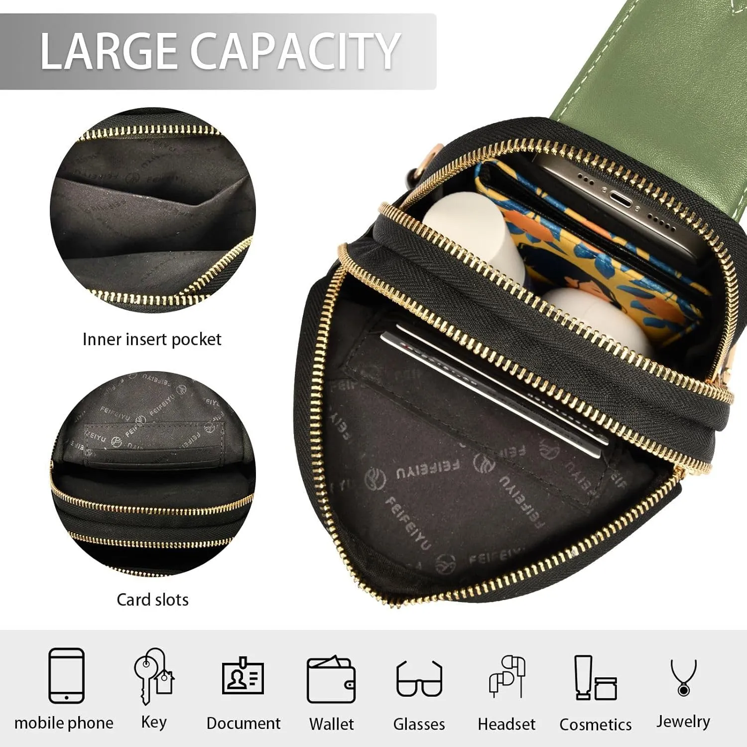 Dark Green Custom Crossbody Sling Bag for Women Men Personalized Leather Chest Bags Purse Adjustable Cross Body Daypack for Teen Boys Girls