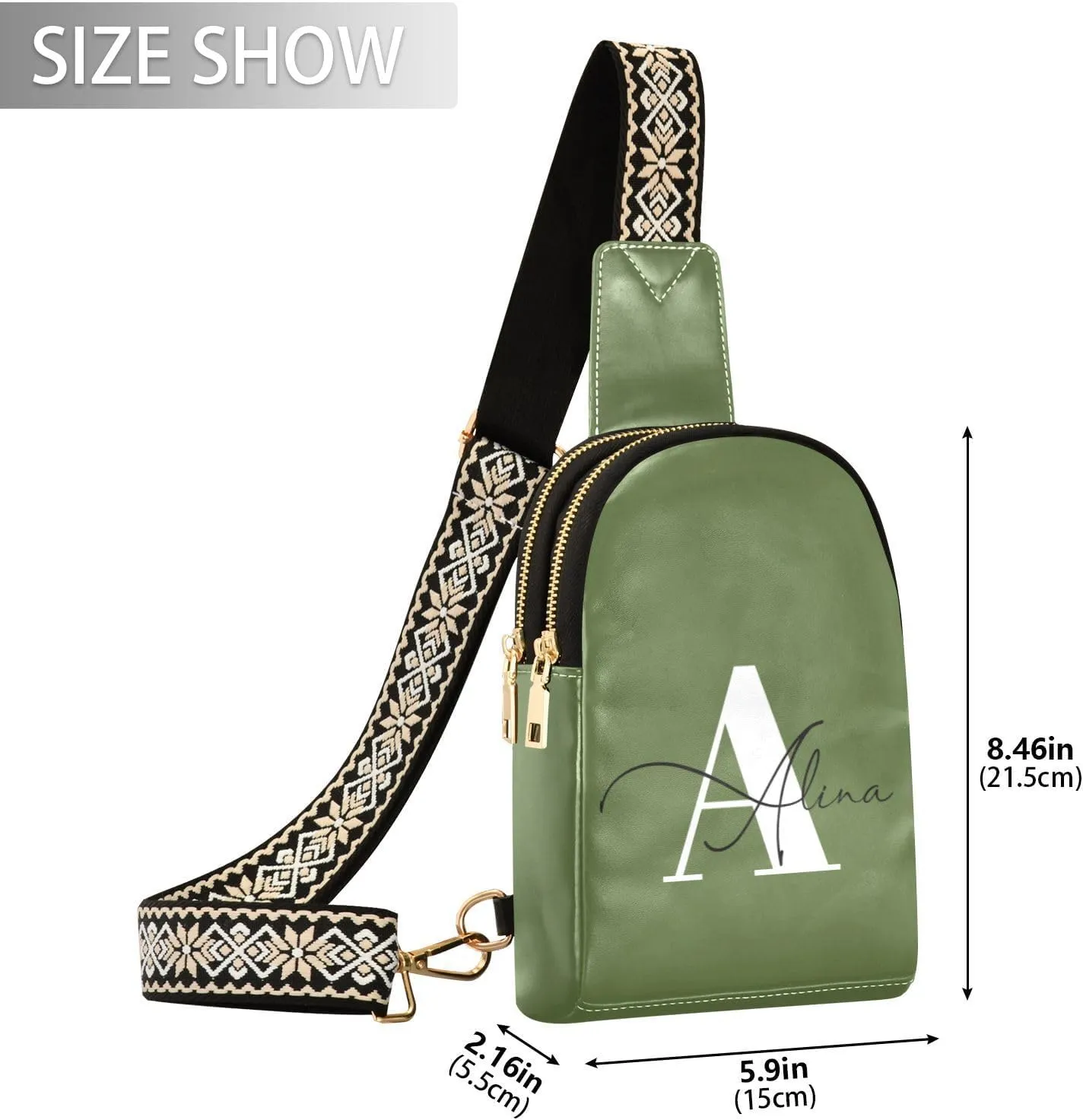 Dark Green Custom Crossbody Sling Bag for Women Men Personalized Leather Chest Bags Purse Adjustable Cross Body Daypack for Teen Boys Girls