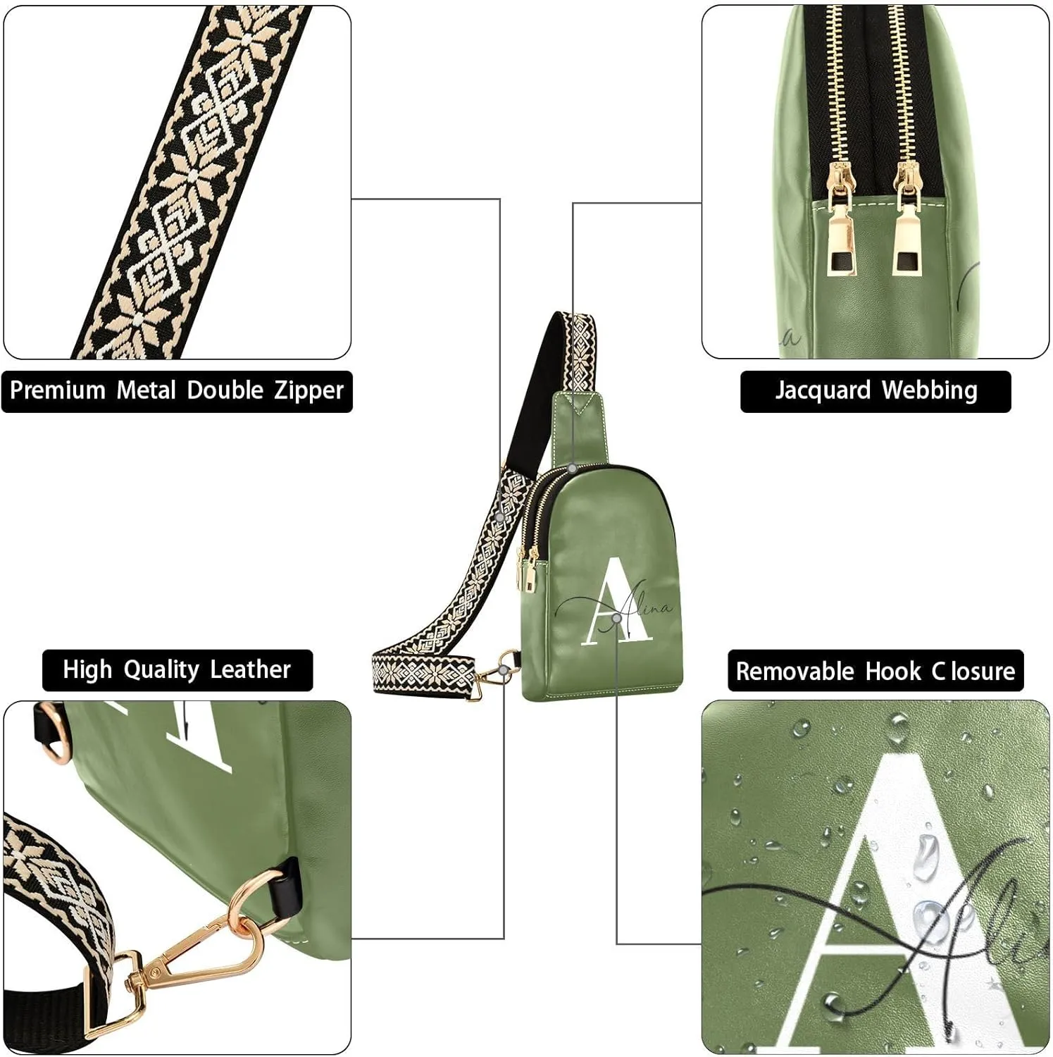 Dark Green Custom Crossbody Sling Bag for Women Men Personalized Leather Chest Bags Purse Adjustable Cross Body Daypack for Teen Boys Girls