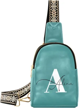 Dark Teal Custom Crossbody Sling Bag for Women Men Personalized Leather Chest Bags Purse Adjustable Cross Body Daypack for Cycling Running Hiking