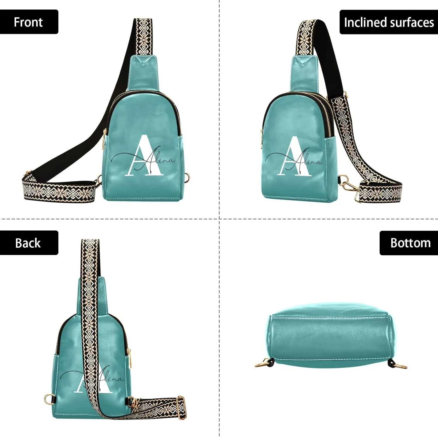 Dark Teal Custom Crossbody Sling Bag for Women Men Personalized Leather Chest Bags Purse Adjustable Cross Body Daypack for Cycling Running Hiking