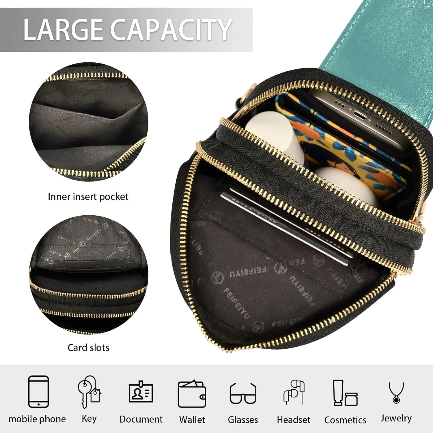 Dark Teal Custom Crossbody Sling Bag for Women Men Personalized Leather Chest Bags Purse Adjustable Cross Body Daypack for Cycling Running Hiking