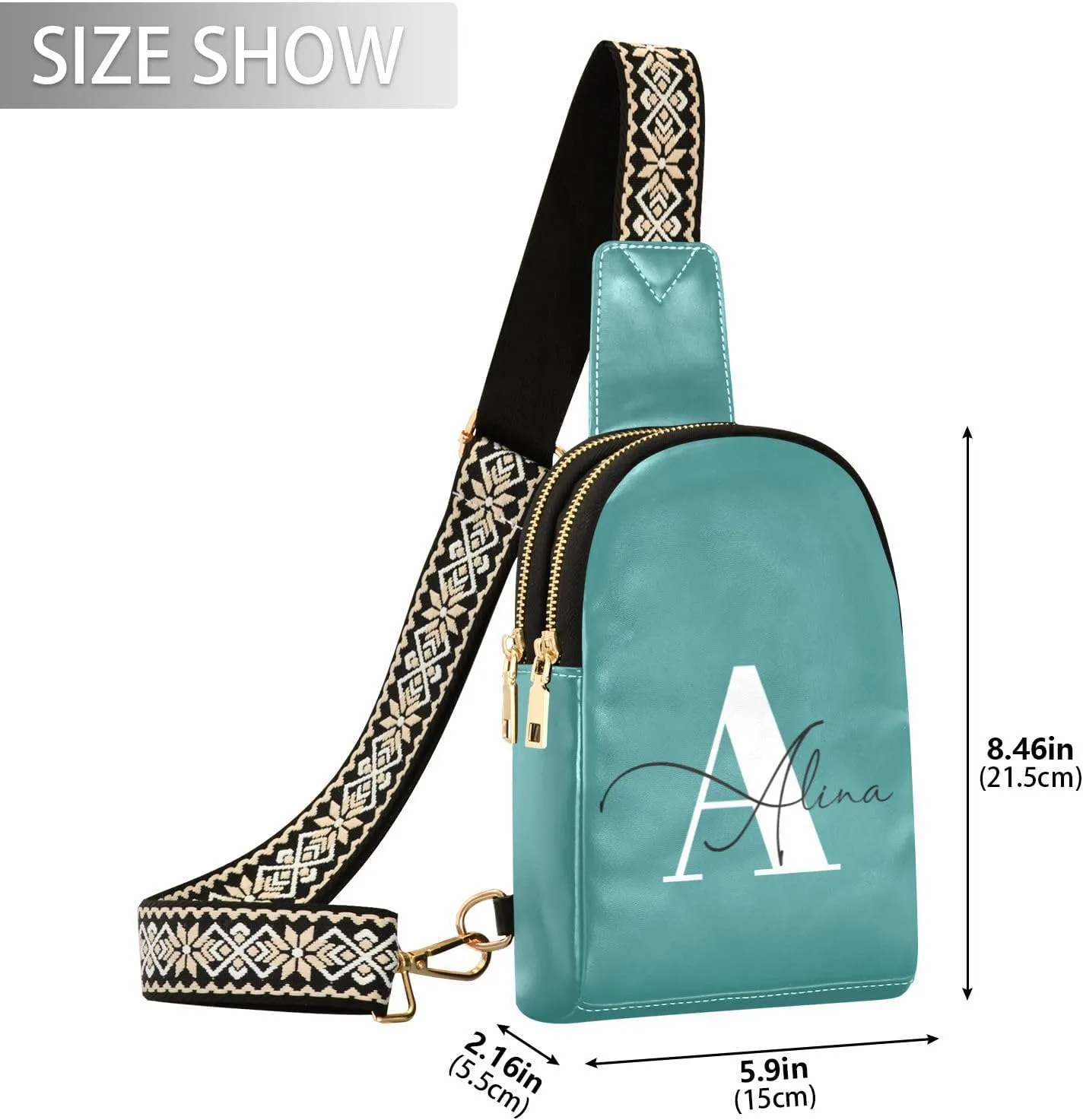 Dark Teal Custom Crossbody Sling Bag for Women Men Personalized Leather Chest Bags Purse Adjustable Cross Body Daypack for Cycling Running Hiking