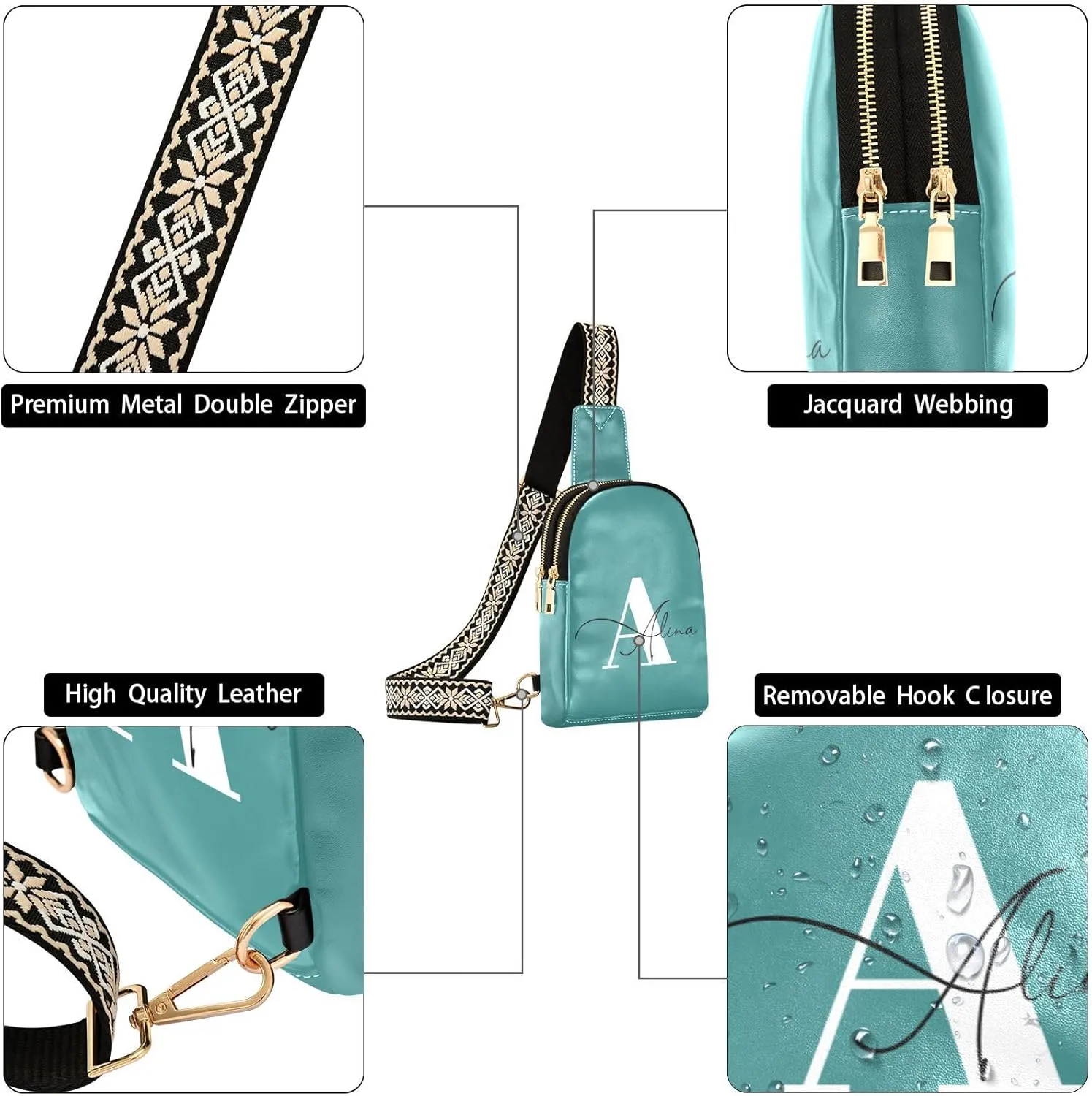 Dark Teal Custom Crossbody Sling Bag for Women Men Personalized Leather Chest Bags Purse Adjustable Cross Body Daypack for Cycling Running Hiking