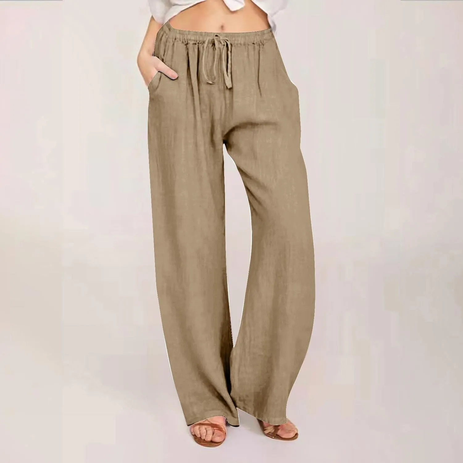 DASAYO Womens Linen Palazzo Pants Summer Casual Boho Wide Leg Drawstring High Waist Loose Fit Beach Trousers with Pockets